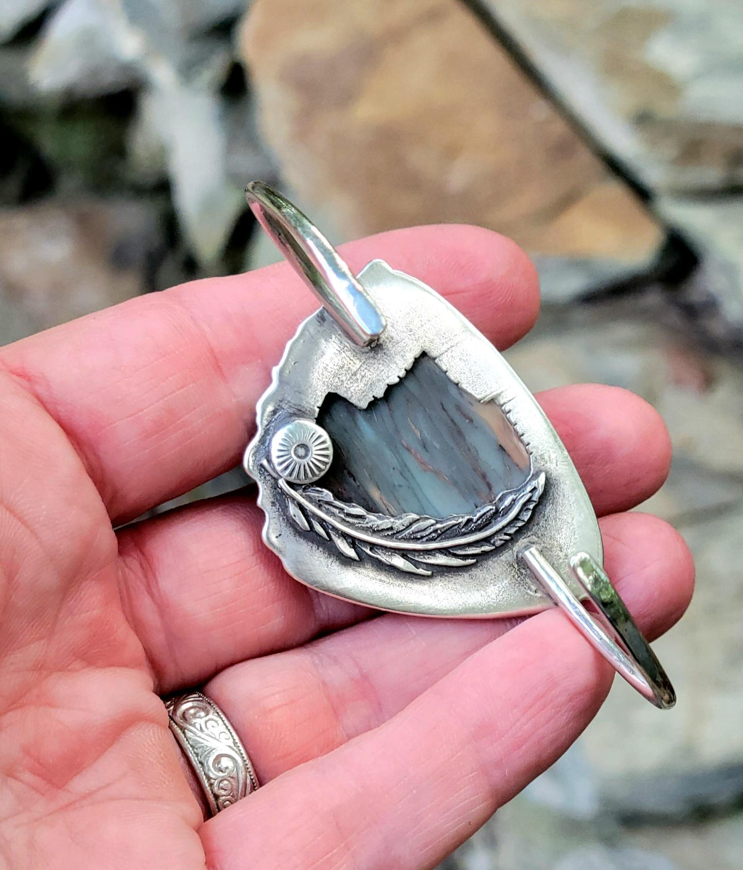 Jasper Cuff - Natural stone, blue, grey, sterling silver cuff, handmade, bracelet, landscape, southwestern, feather, sun