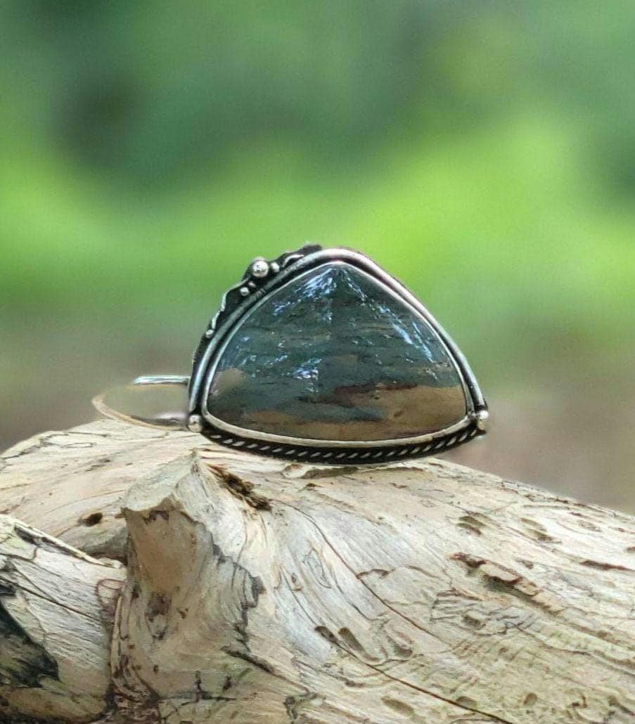 Jasper Cuff - Natural stone, blue, grey, sterling silver cuff, handmade, bracelet, landscape, southwestern, feather, sun
