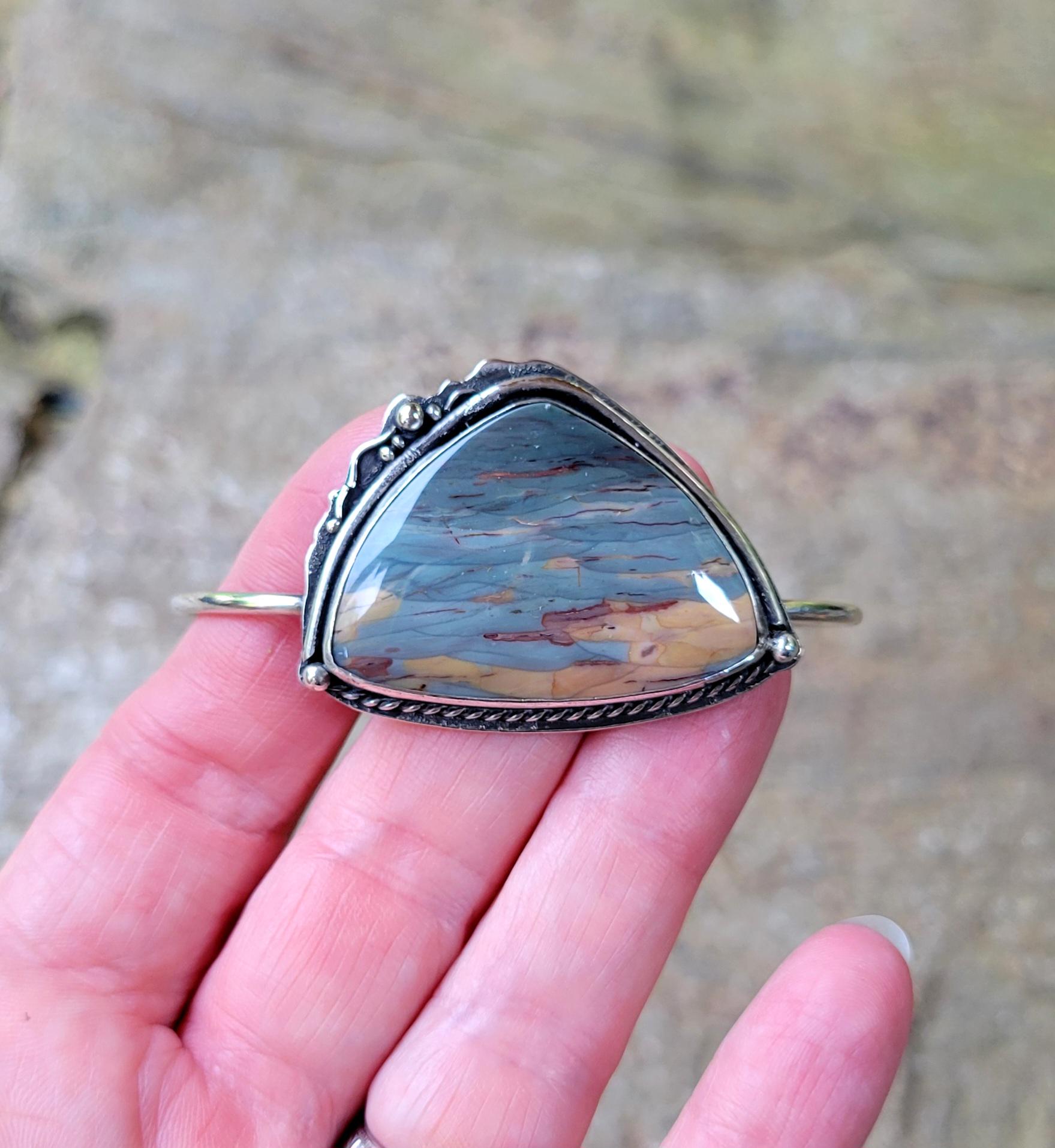 Jasper Cuff - Natural stone, blue, grey, sterling silver cuff, handmade, bracelet, landscape, southwestern, feather, sun