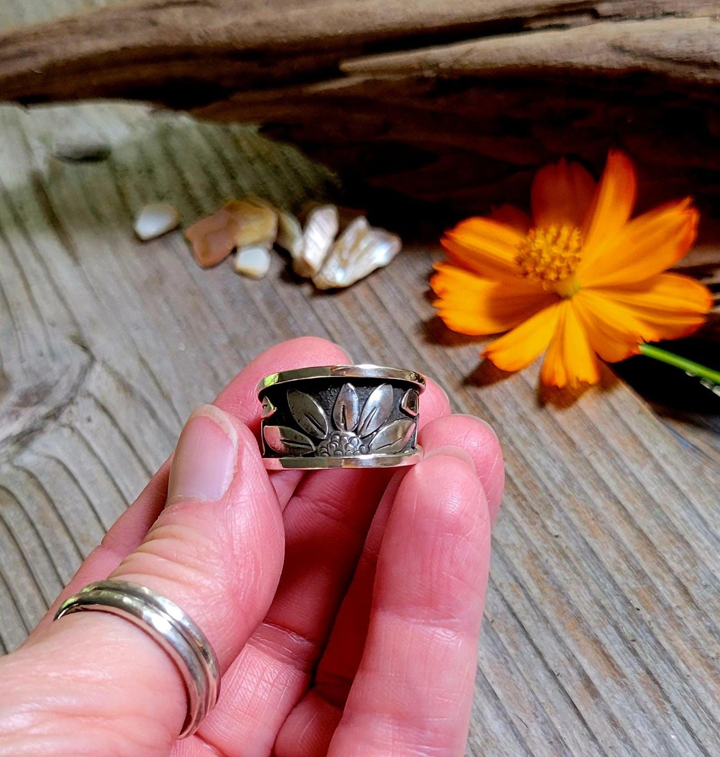 Sterling Silver Sunflower Wrap Ring - handmade, hand crafted, 100% fabricated by hand, unique statement ring, beautiful gift, Size 7.5 USA