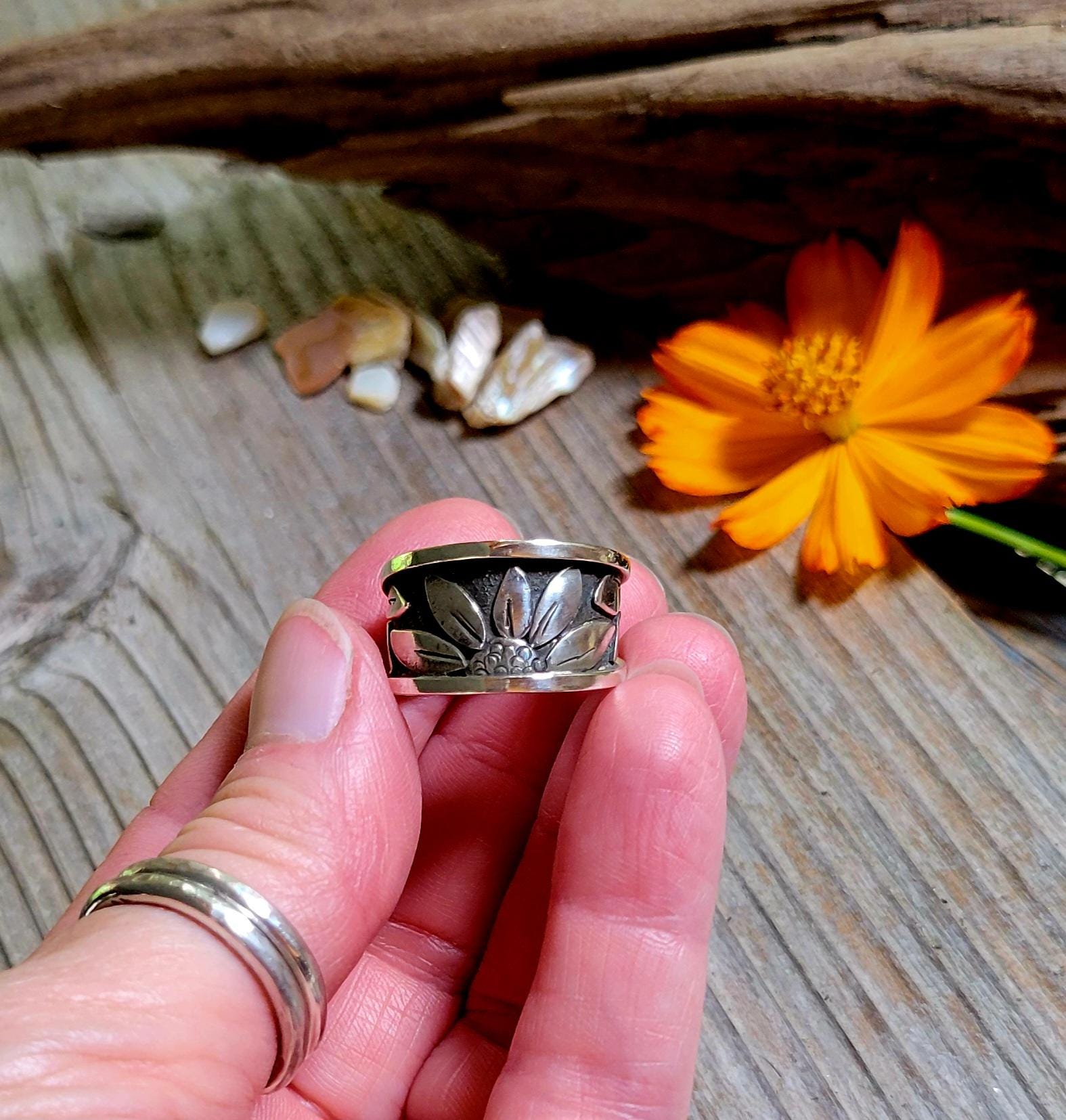 Sterling Silver Sunflower Wrap Ring - handmade, hand crafted, 100% fabricated by hand, unique statement ring, beautiful gift, Size 7.5 USA