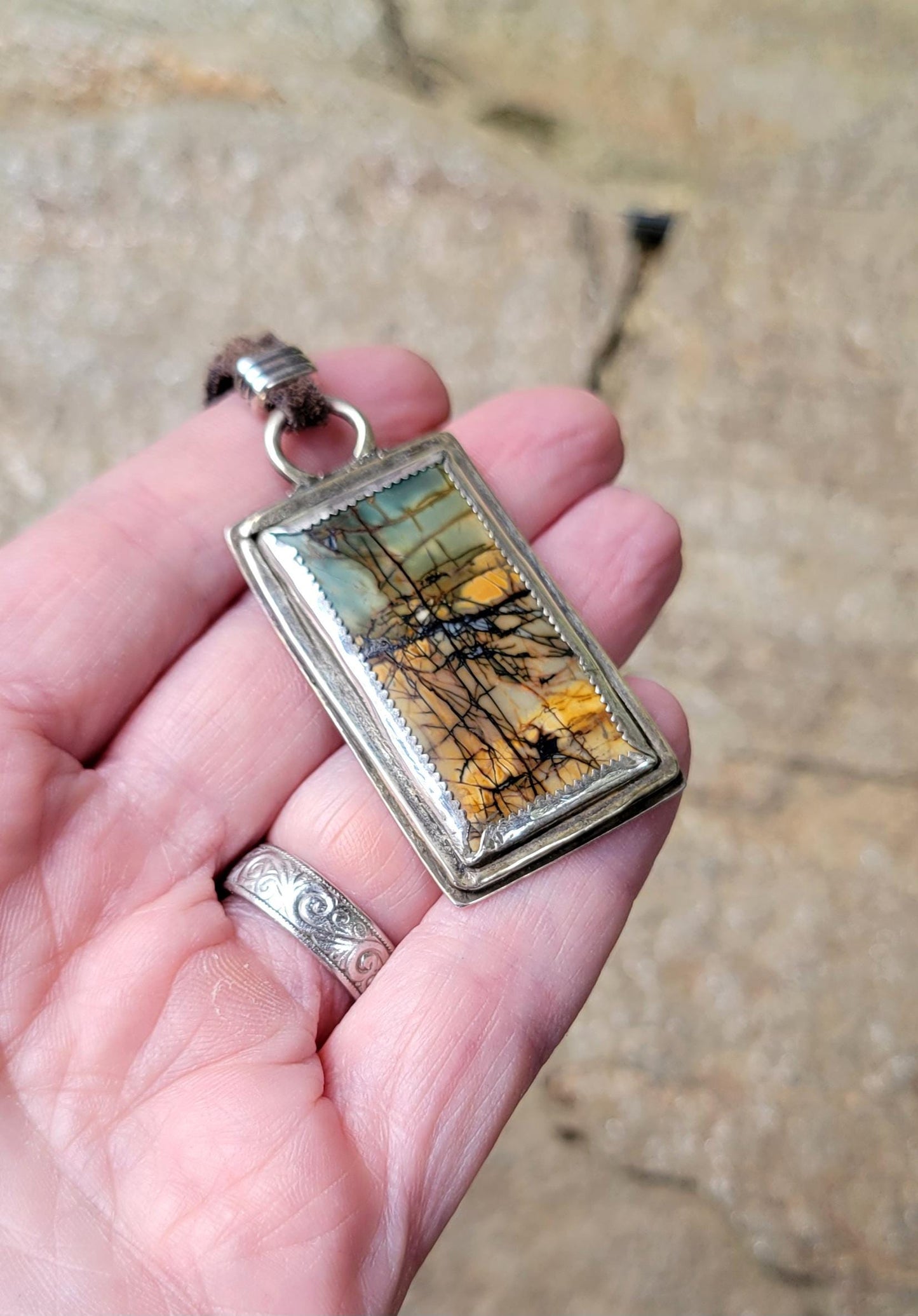 Jasper Necklace - Natural cherry creek stone, silver, reversible pendant, handmade, sunrise,sunset, reeds, landscape, brown leather, gift