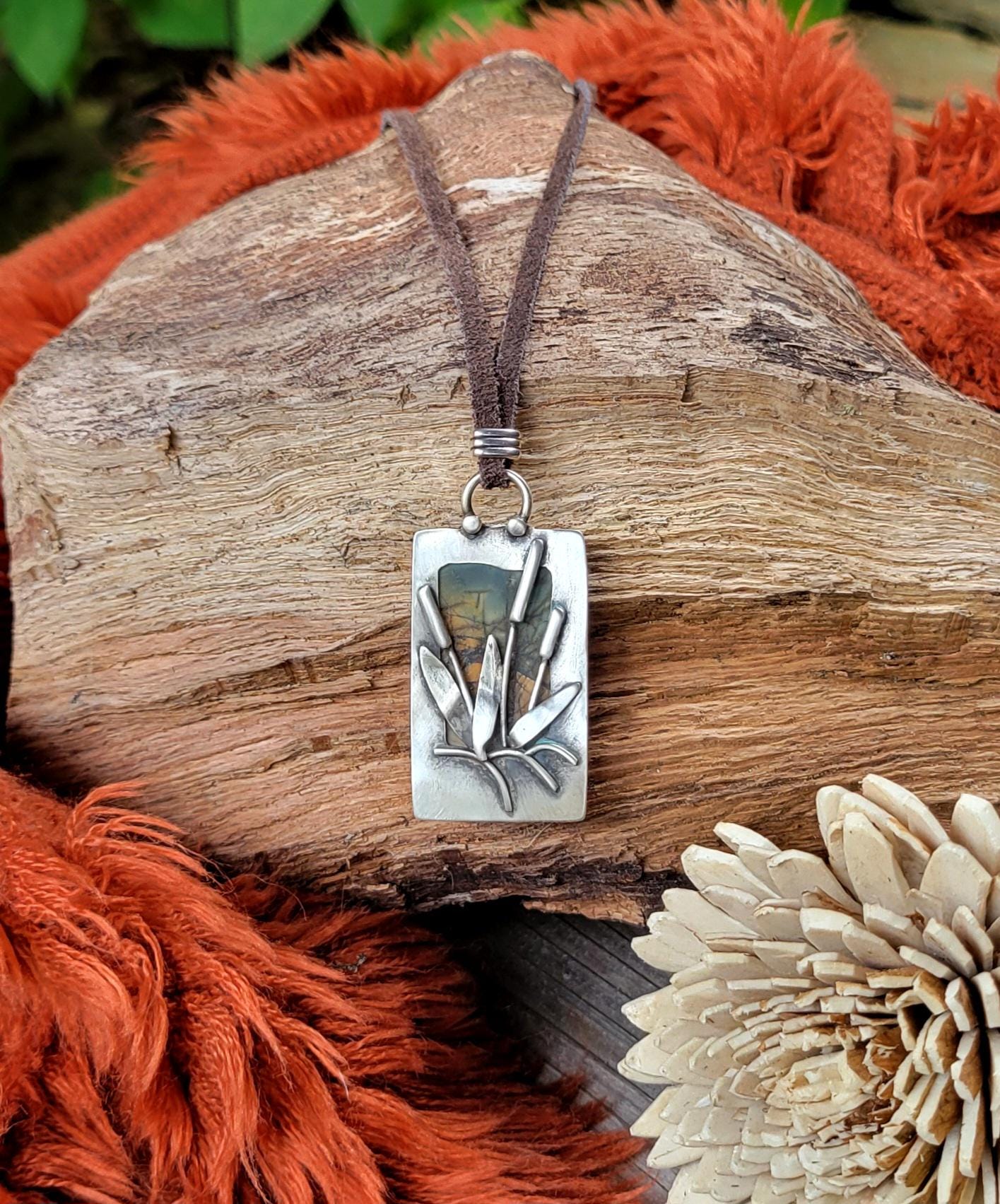 Jasper Necklace - Natural cherry creek stone, silver, reversible pendant, handmade, sunrise,sunset, reeds, landscape, brown leather, gift