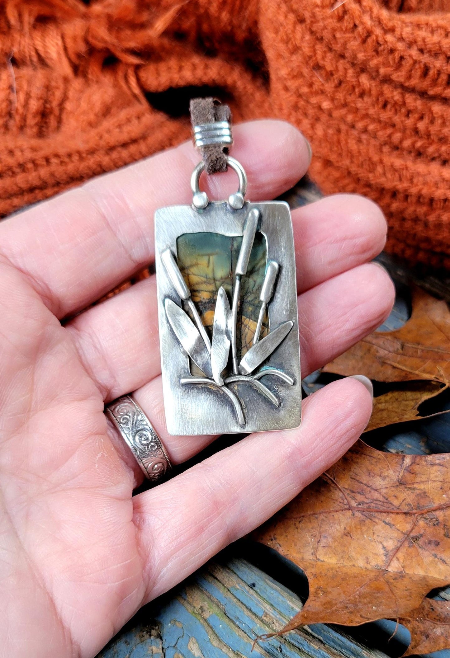 Jasper Necklace - Natural cherry creek stone, silver, reversible pendant, handmade, sunrise,sunset, reeds, landscape, brown leather, gift