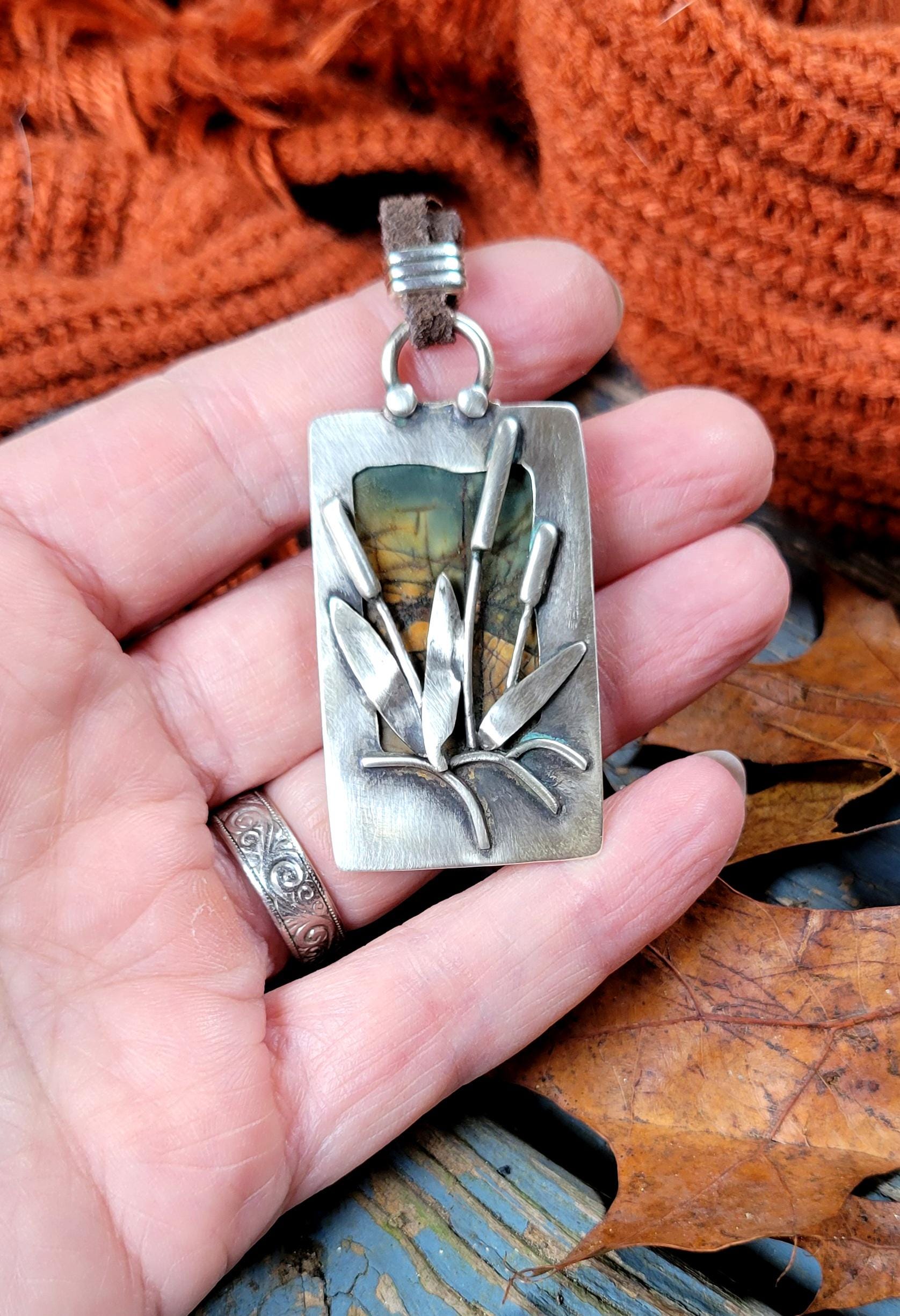 Jasper Necklace - Natural cherry creek stone, silver, reversible pendant, handmade, sunrise,sunset, reeds, landscape, brown leather, gift