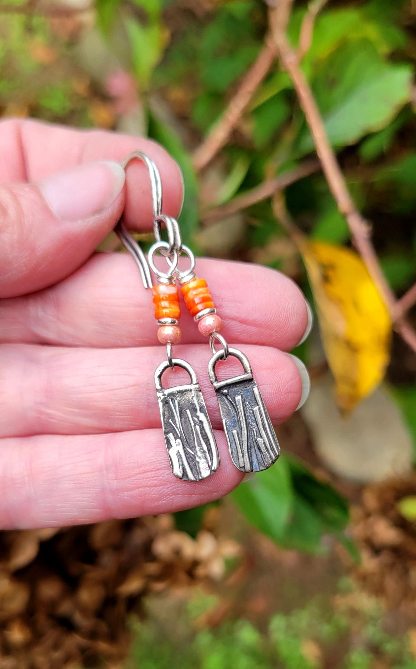 Sterling Silver Earrings - Orange spiny oyster shell, handmade, artisan, extremely lightweight, tall grasses, autumn, beautiful gift
