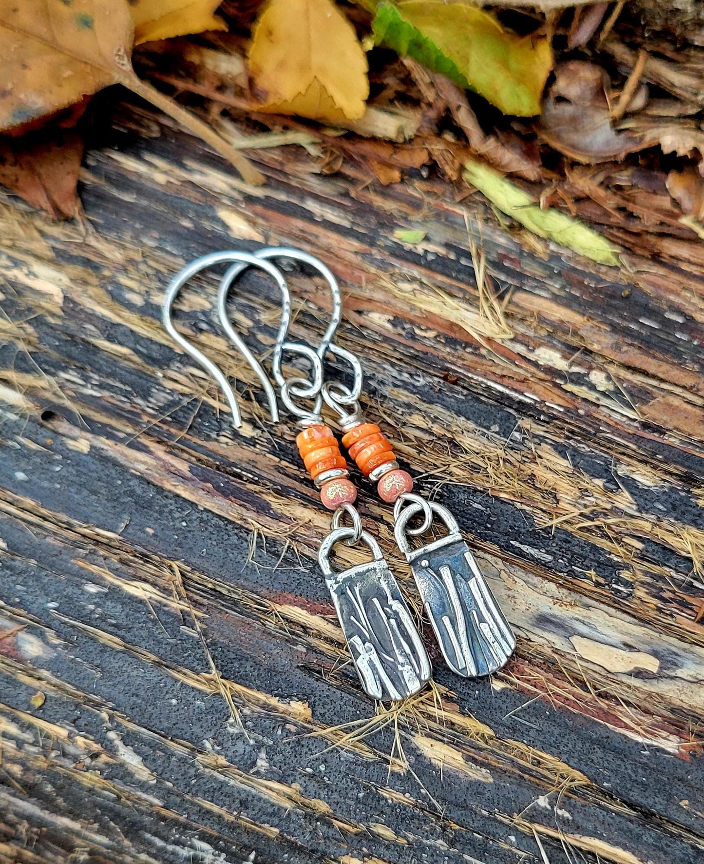 Sterling Silver Earrings - Orange spiny oyster shell, handmade, artisan, extremely lightweight, tall grasses, autumn, beautiful gift