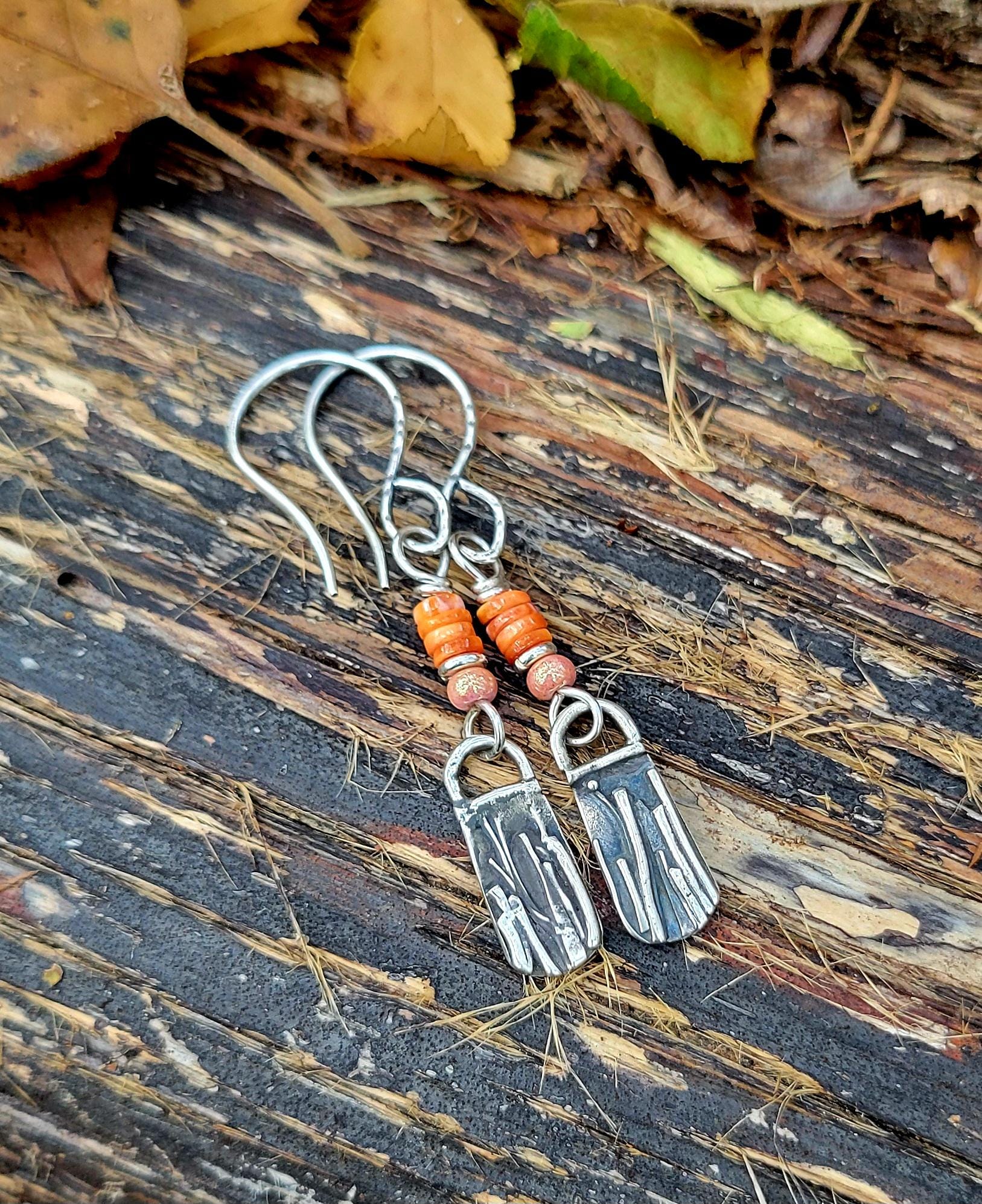 Sterling Silver Earrings - Orange spiny oyster shell, handmade, artisan, extremely lightweight, tall grasses, autumn, beautiful gift