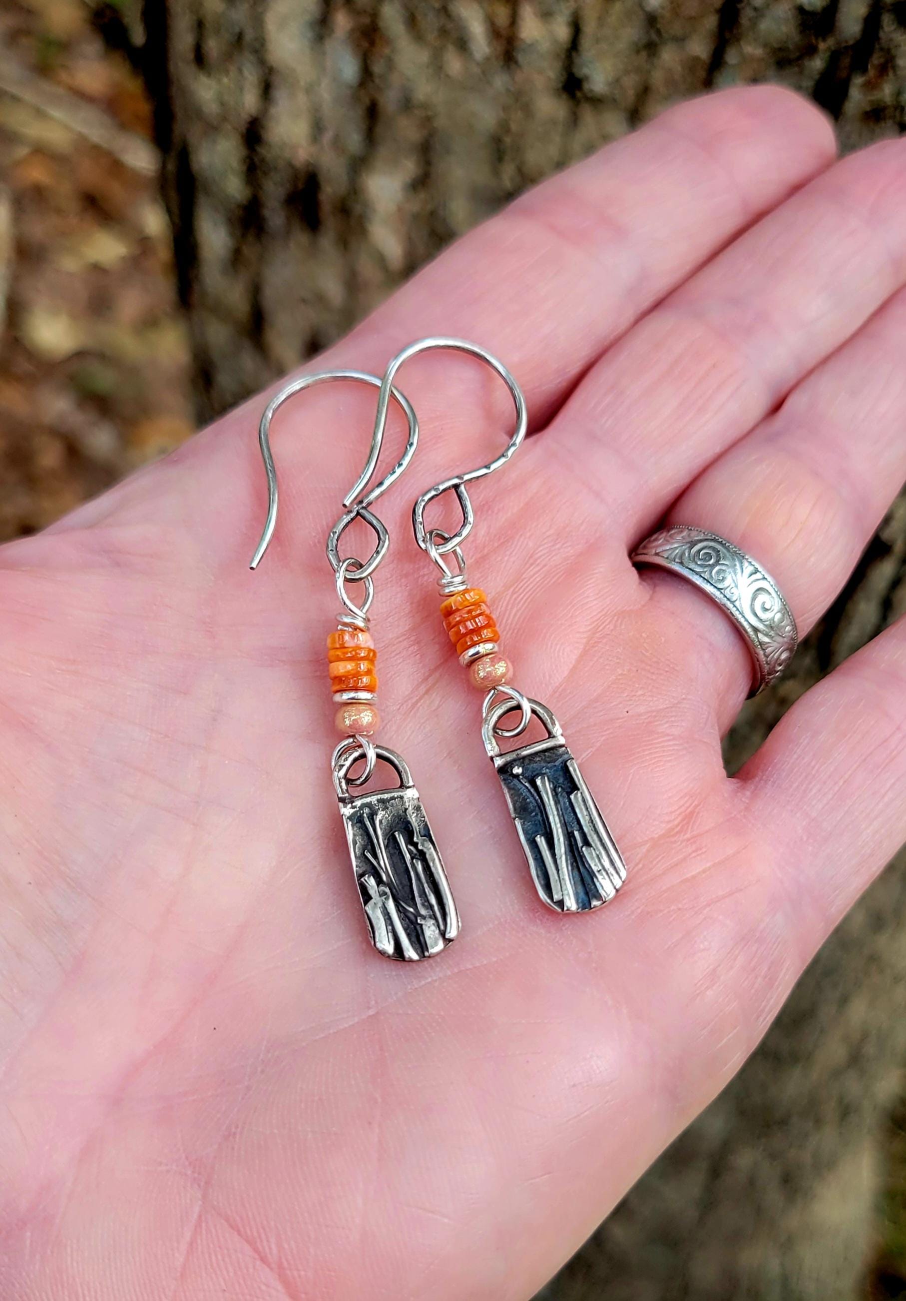 Sterling Silver Earrings - Orange spiny oyster shell, handmade, artisan, extremely lightweight, tall grasses, autumn, beautiful gift