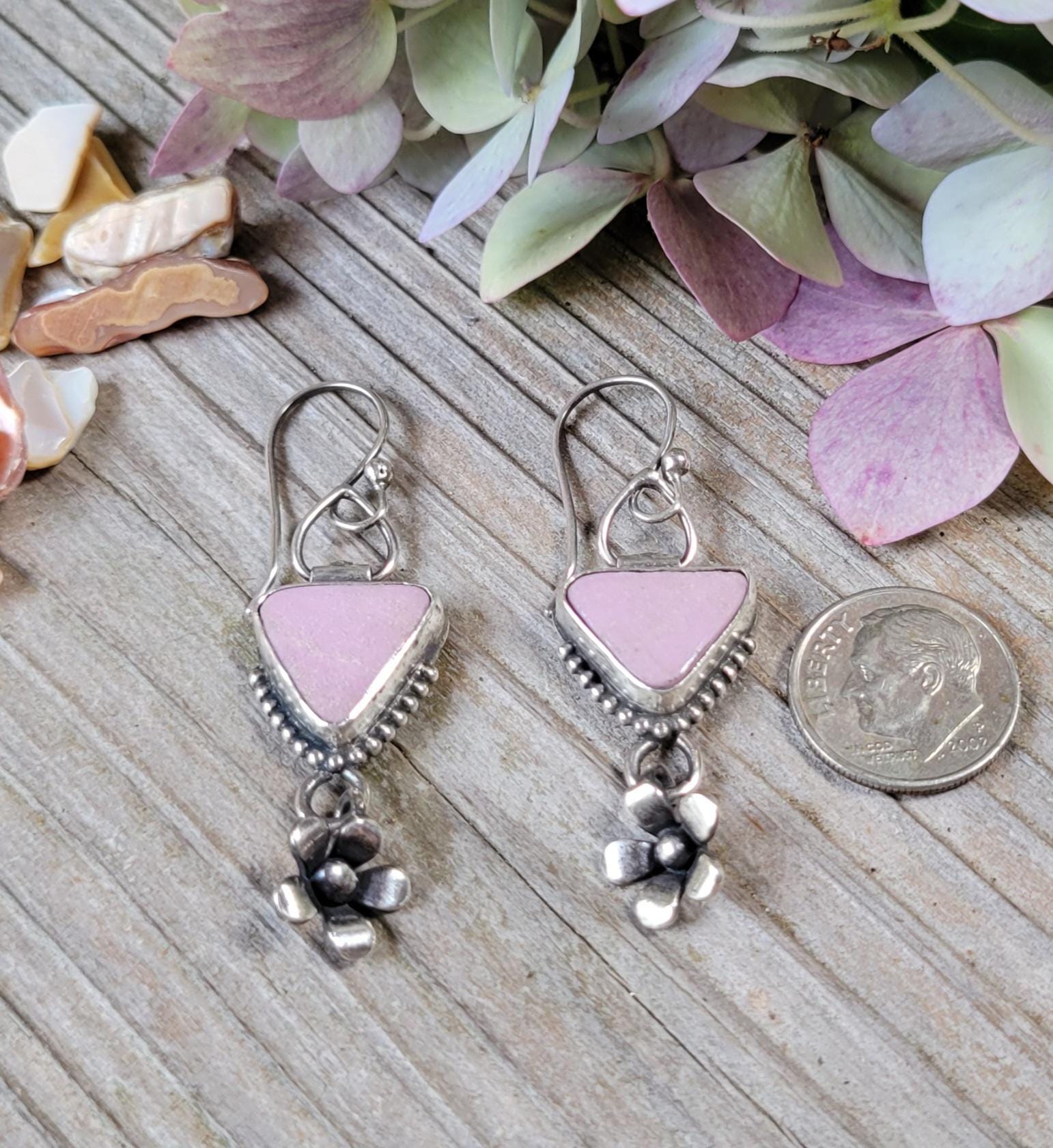 Sterling Silver Dangle Earrings - handmade, natural pink stone, artisan crafted, hinge swing earwires, beautiful gift