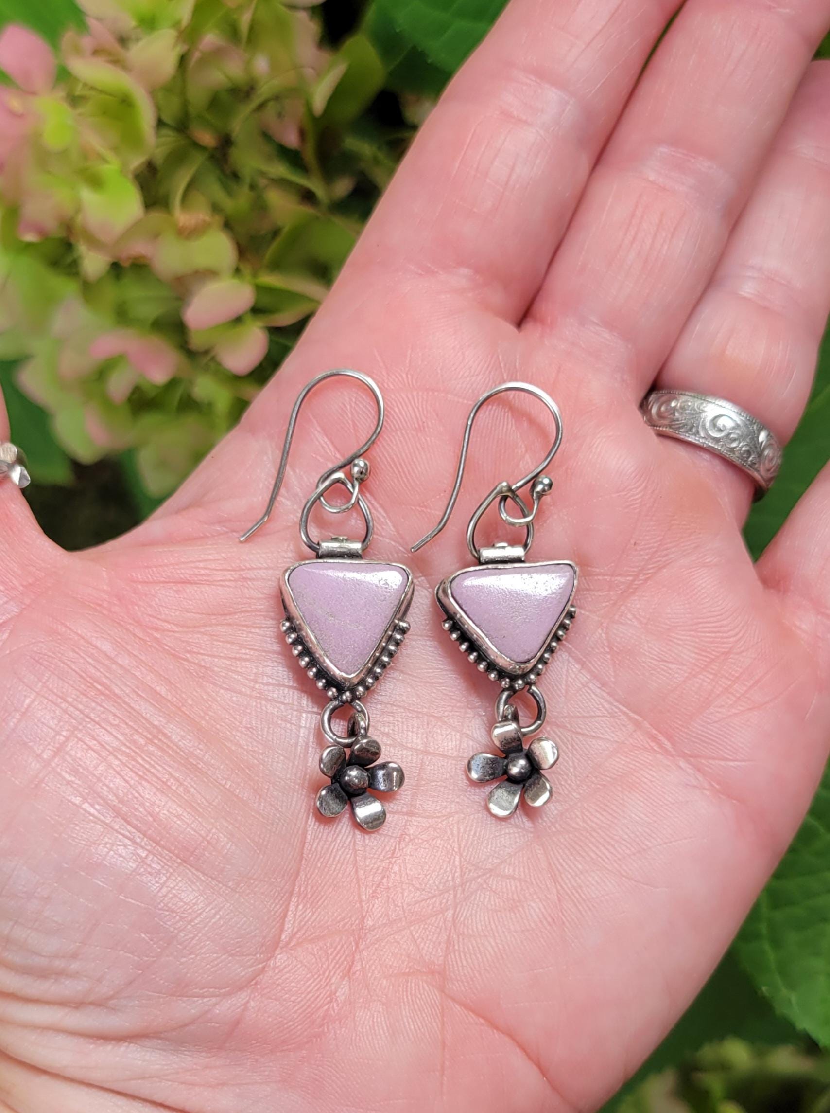 Sterling Silver Dangle Earrings - handmade, natural pink stone, artisan crafted, hinge swing earwires, beautiful gift