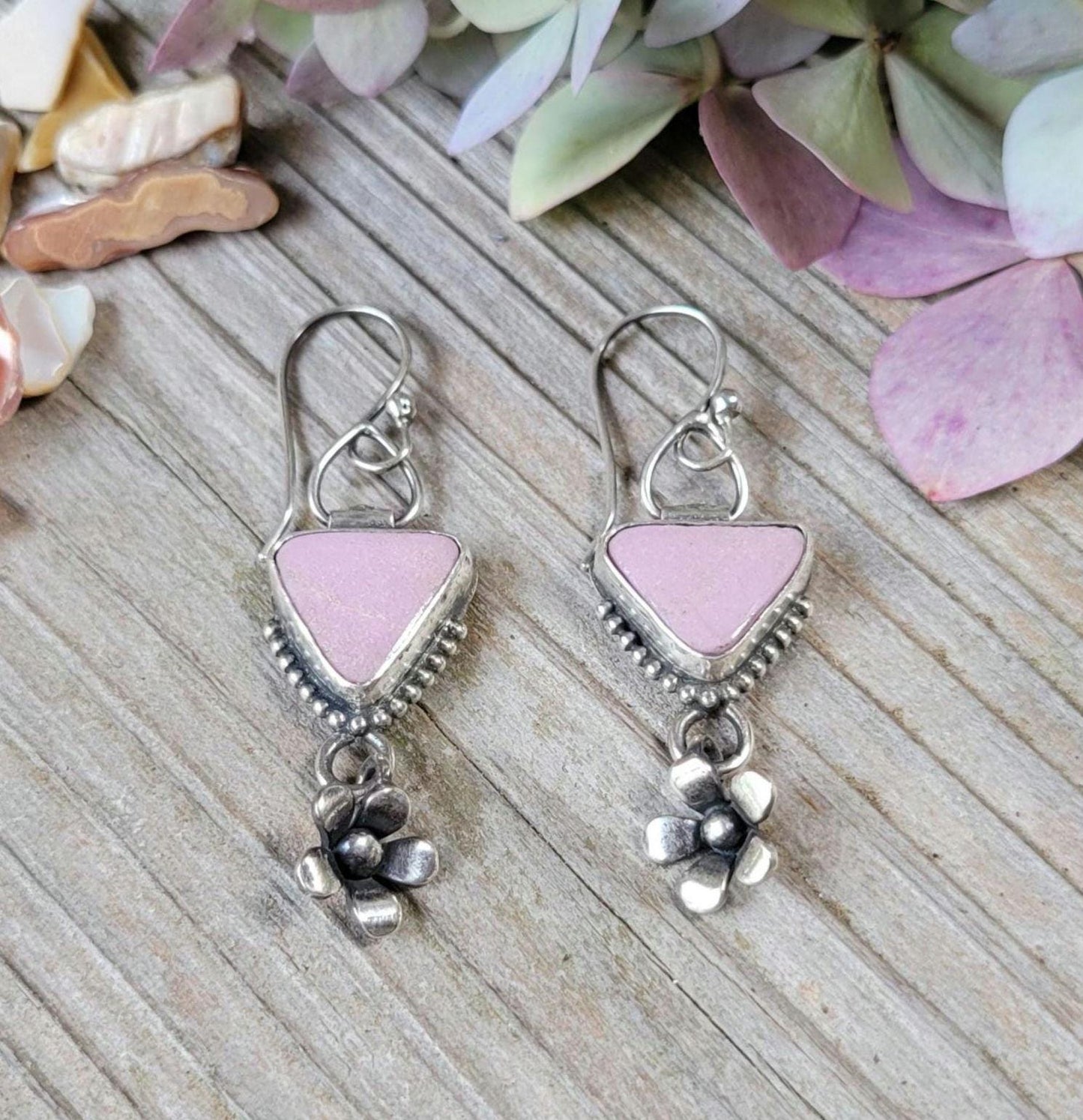 Sterling Silver Dangle Earrings - handmade, natural pink stone, artisan crafted, hinge swing earwires, beautiful gift