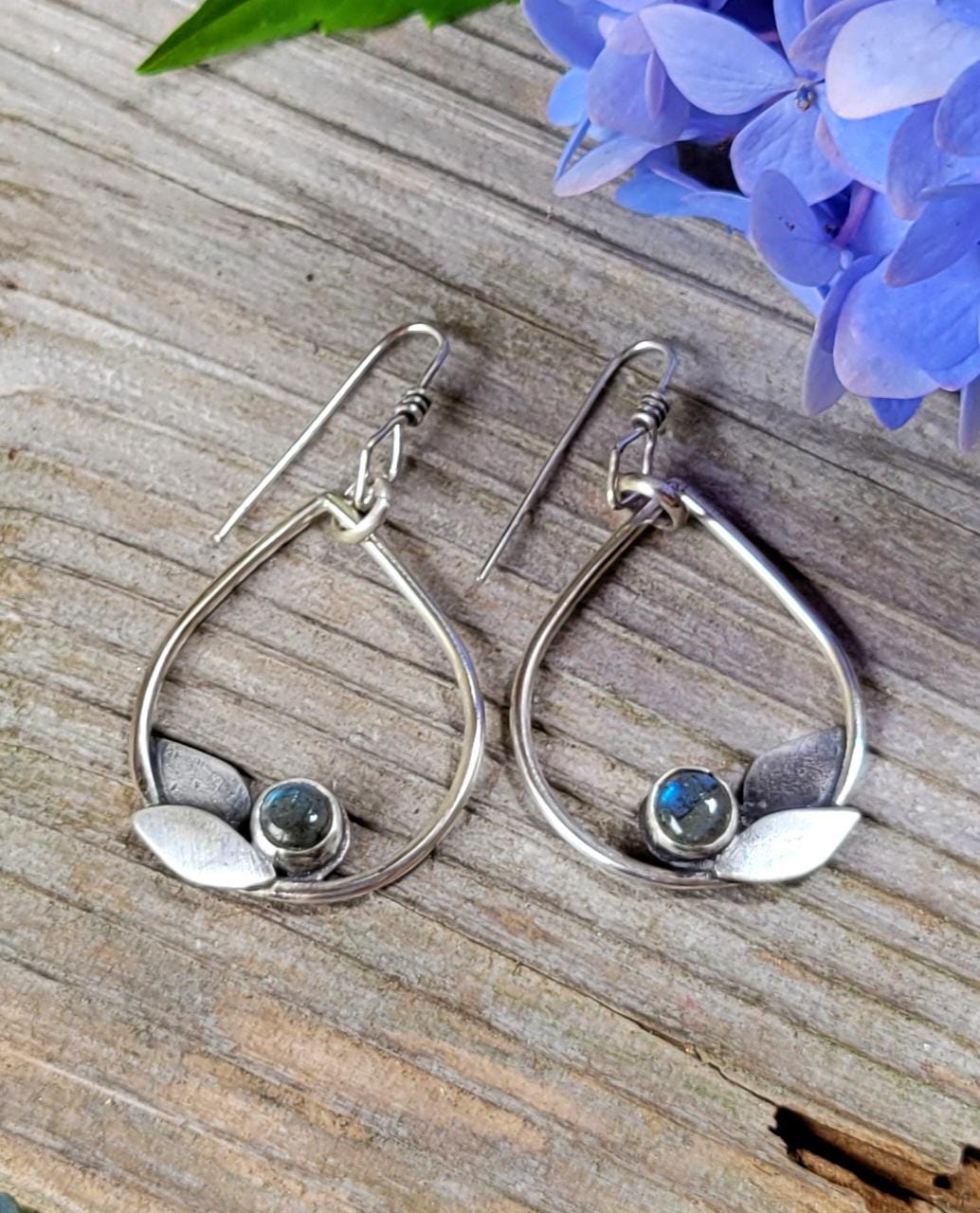 Labradorite Sterling Silver Leaf Earrings - handmade, hand crafted, teardrop, leaf, leaves, natural gemstone, lightweight, beautiful gift