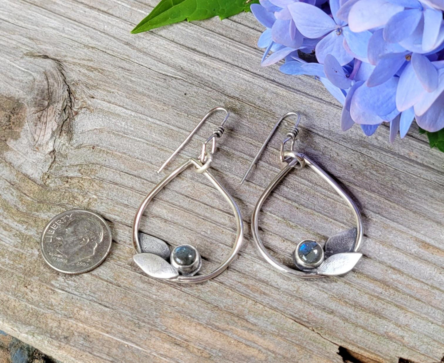 Labradorite Sterling Silver Leaf Earrings - handmade, hand crafted, teardrop, leaf, leaves, natural gemstone, lightweight, beautiful gift