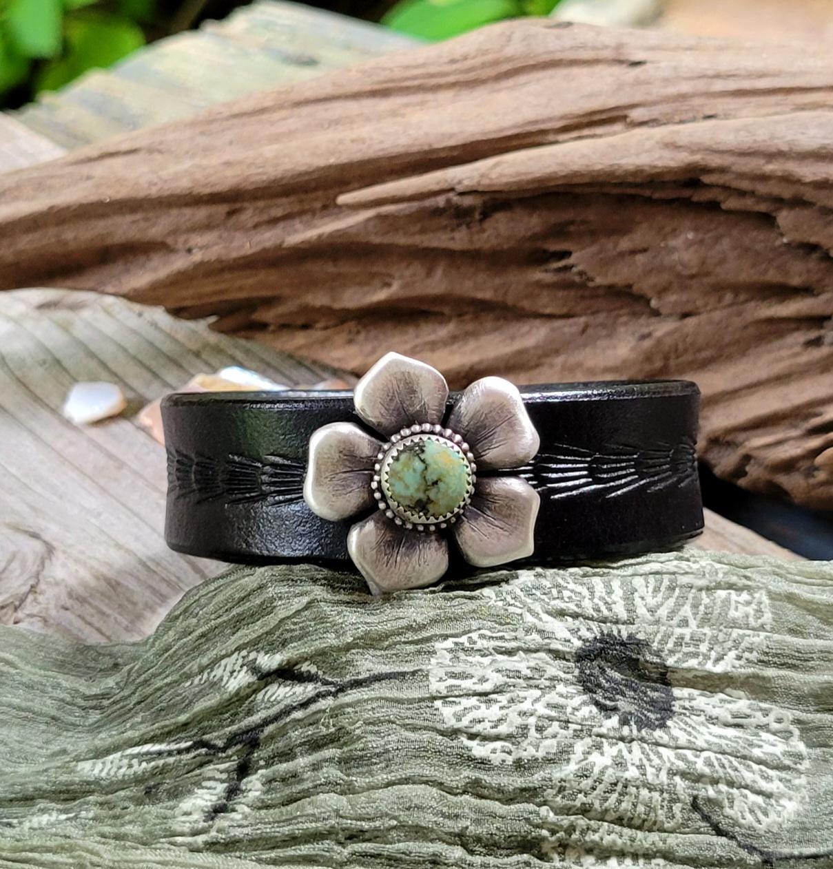 Natural Pilot Mountain Turquoise Leather Bracelet - handmade sterling silver, tooled black leather, blue, green, cuff, snap closure, gift