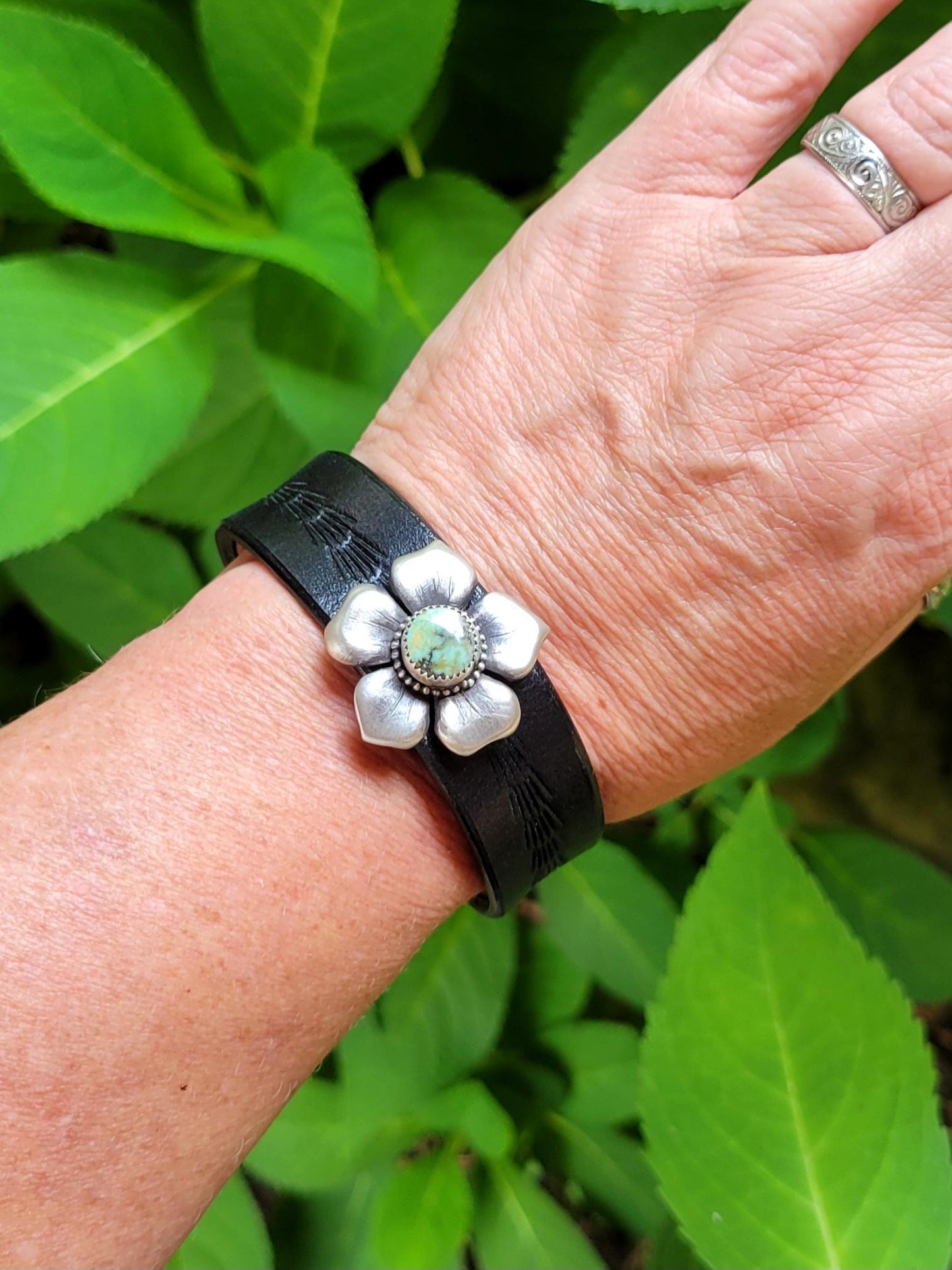 Natural Pilot Mountain Turquoise Leather Bracelet - handmade sterling silver, tooled black leather, blue, green, cuff, snap closure, gift