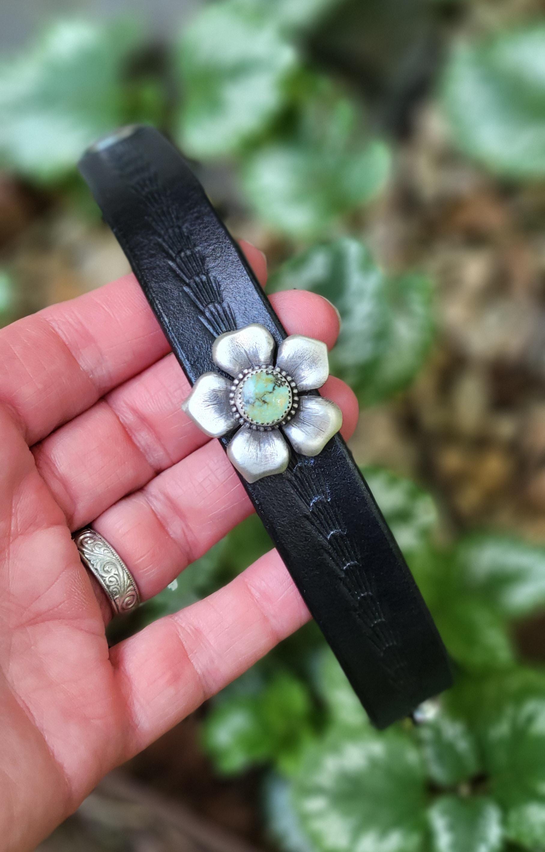 Natural Pilot Mountain Turquoise Leather Bracelet - handmade sterling silver, tooled black leather, blue, green, cuff, snap closure, gift