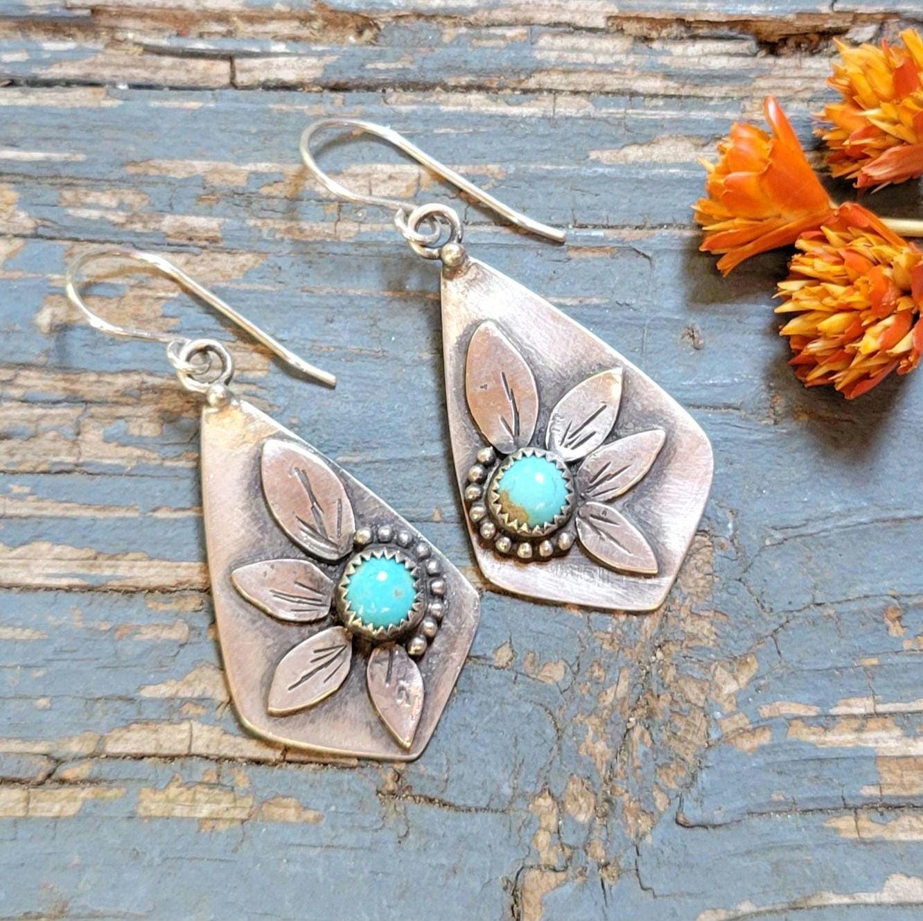 Silver & Turquoise Sunflower Earrings - sterling silver, handmade, natural Kingman stones, kite, botanical, flower, lightweight dangles