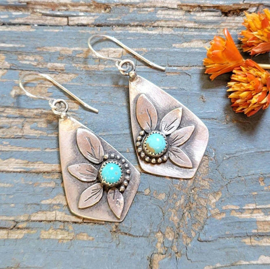 Silver & Turquoise Sunflower Earrings - sterling silver, handmade, natural Kingman stones, kite, botanical, flower, lightweight dangles