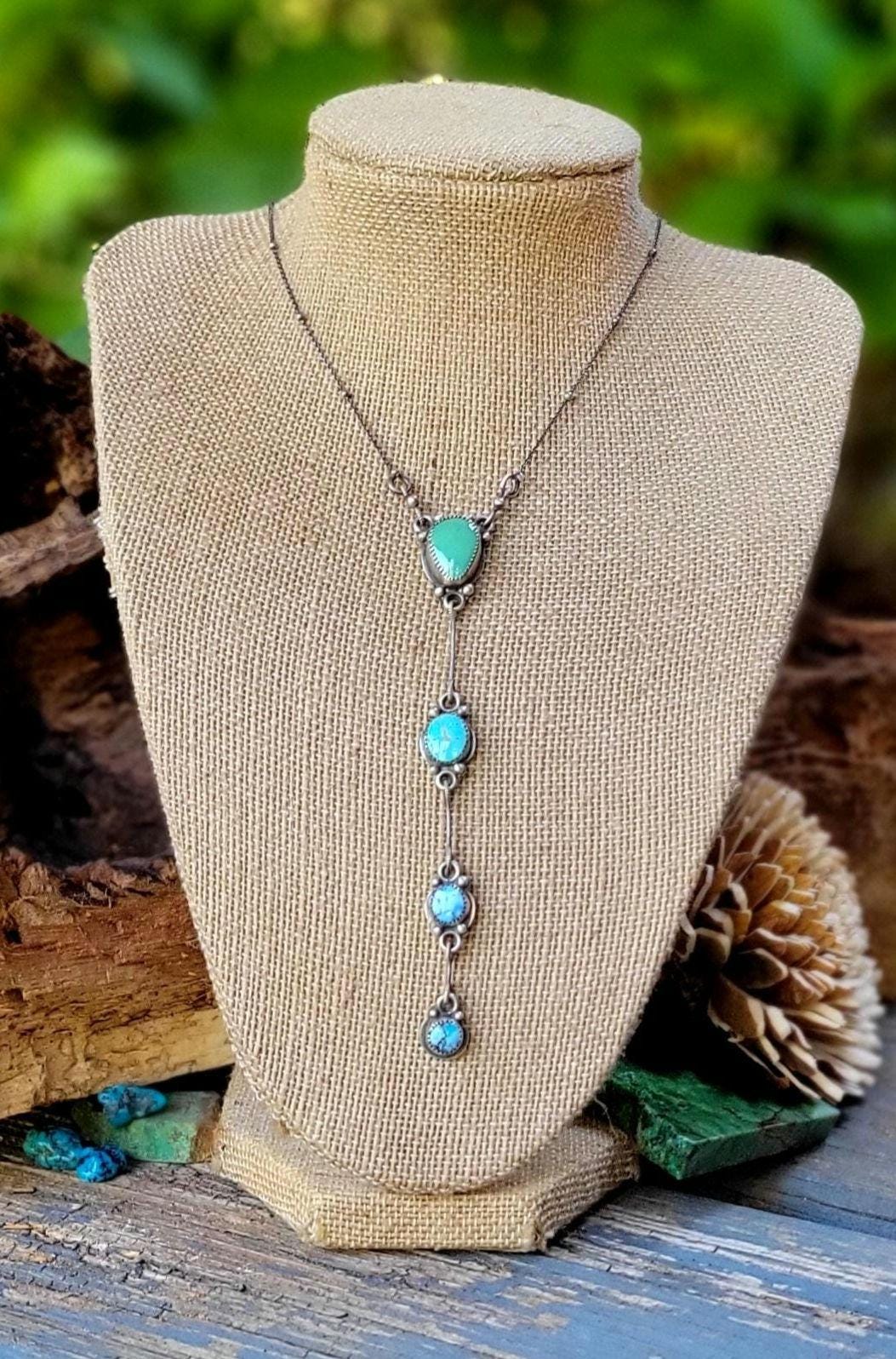 Turquoise Silver Lariat Necklace - handmade, sterling silver, natural green blue mix, Southwestern, Native American inspired, beautiful gift