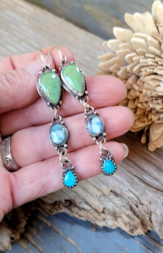 Multi-stone Turquoise Dangle Earrings - handmade, sterling silver, natural sonoran, lavender, kingman, southwestern inspired, beautiful gift