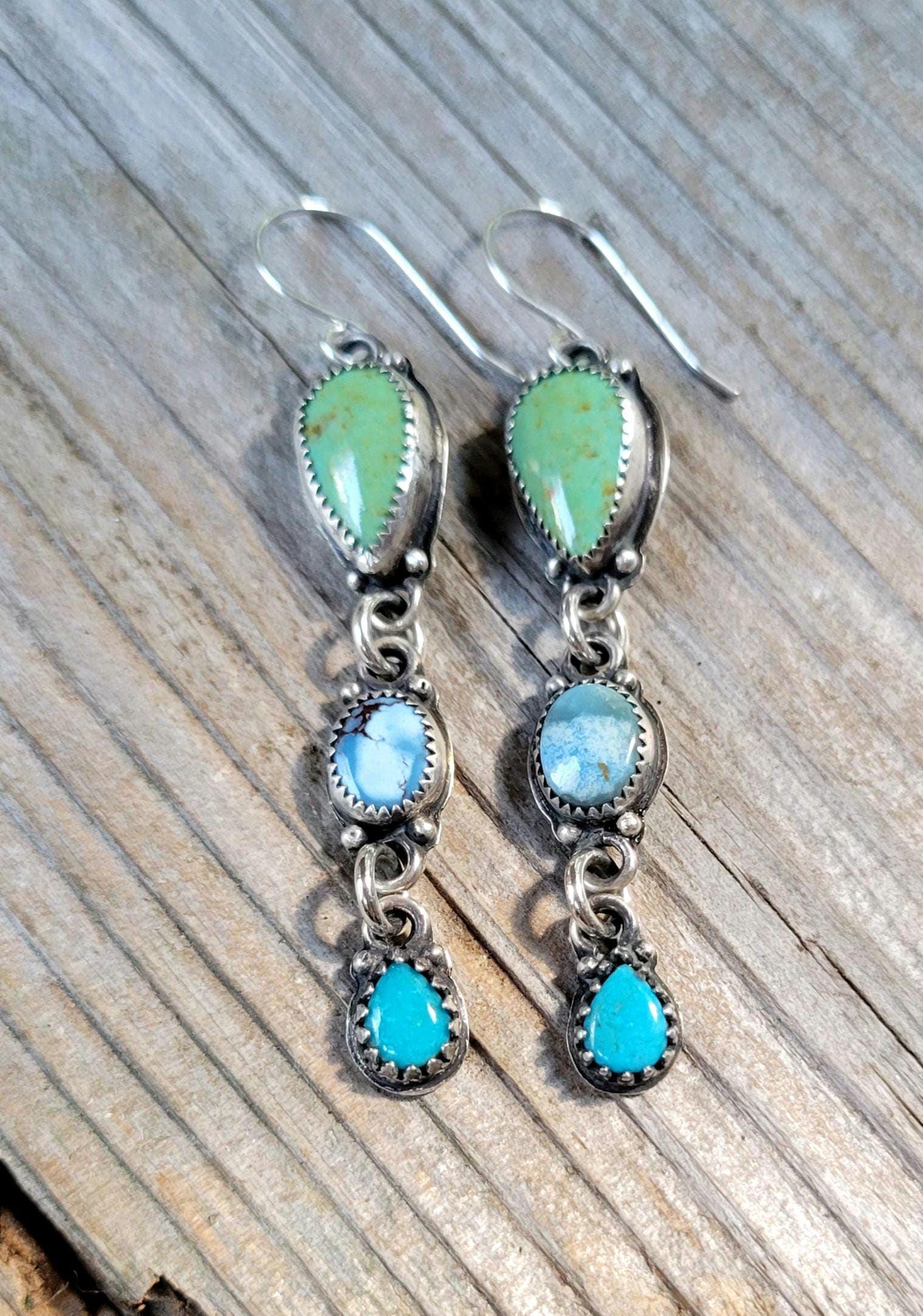 Multi-stone Turquoise Dangle Earrings - handmade, sterling silver, natural sonoran, lavender, kingman, southwestern inspired, beautiful gift