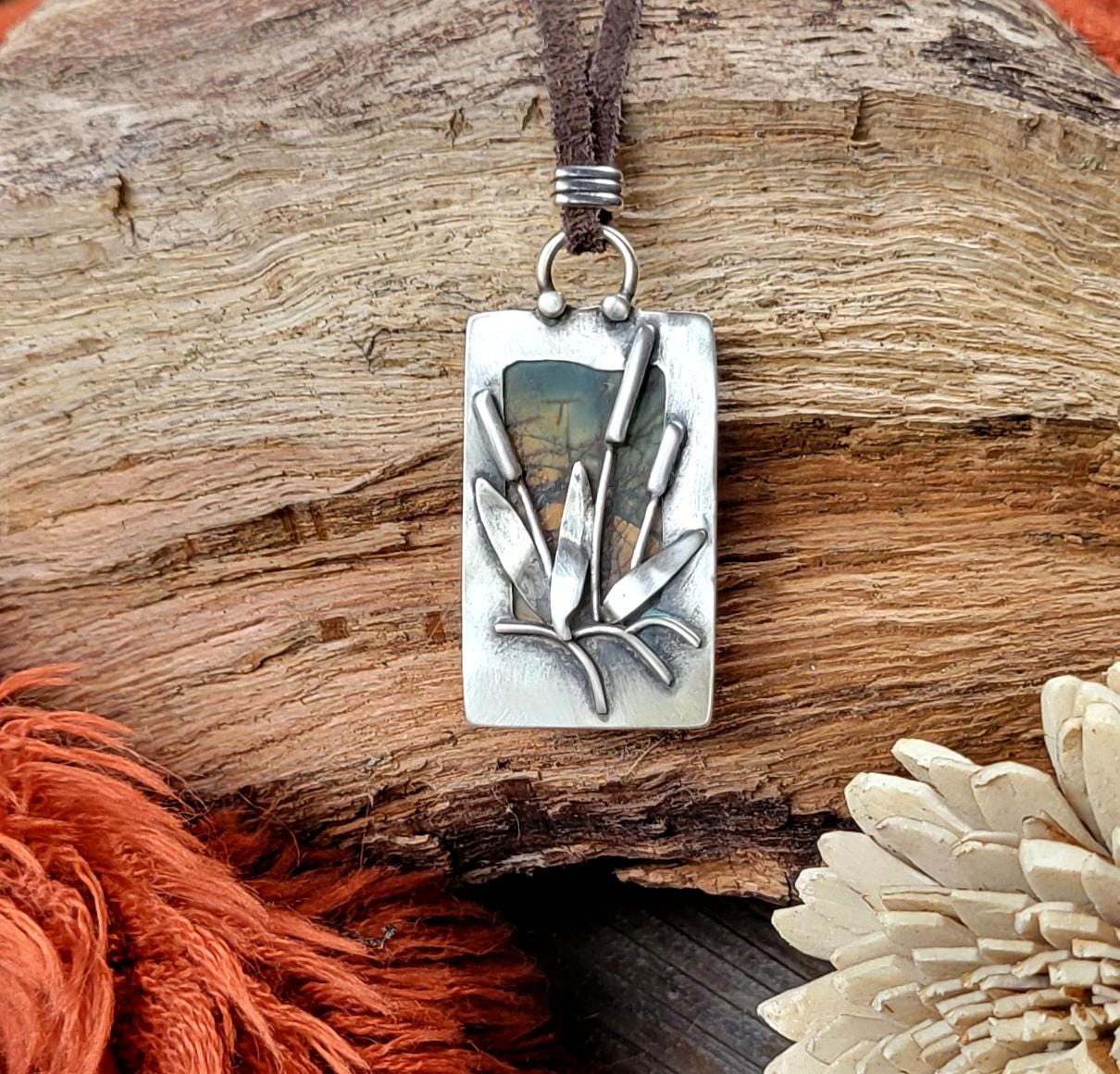 Jasper Necklace - Natural cherry creek stone, silver, reversible pendant, handmade, sunrise,sunset, reeds, landscape, brown leather, gift