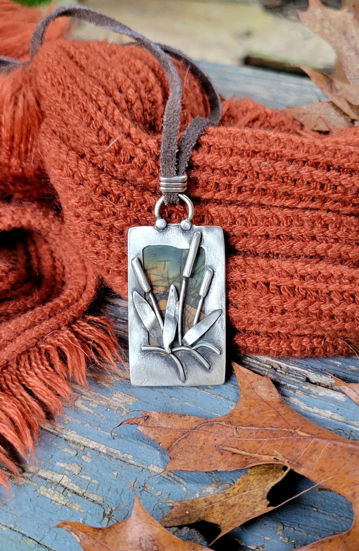 Jasper Necklace - Natural cherry creek stone, silver, reversible pendant, handmade, sunrise,sunset, reeds, landscape, brown leather, gift