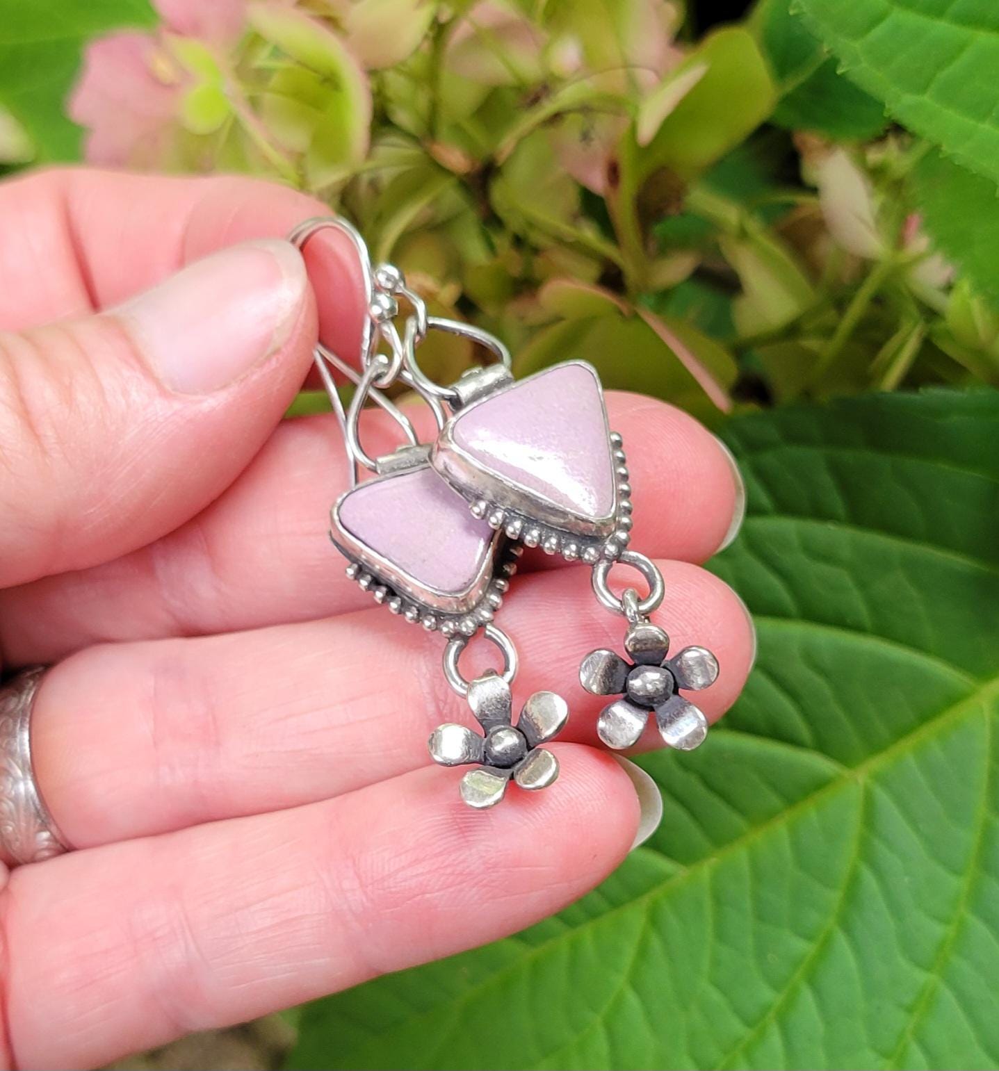 Sterling Silver Dangle Earrings - handmade, natural pink stone, artisan crafted, hinge swing earwires, beautiful gift