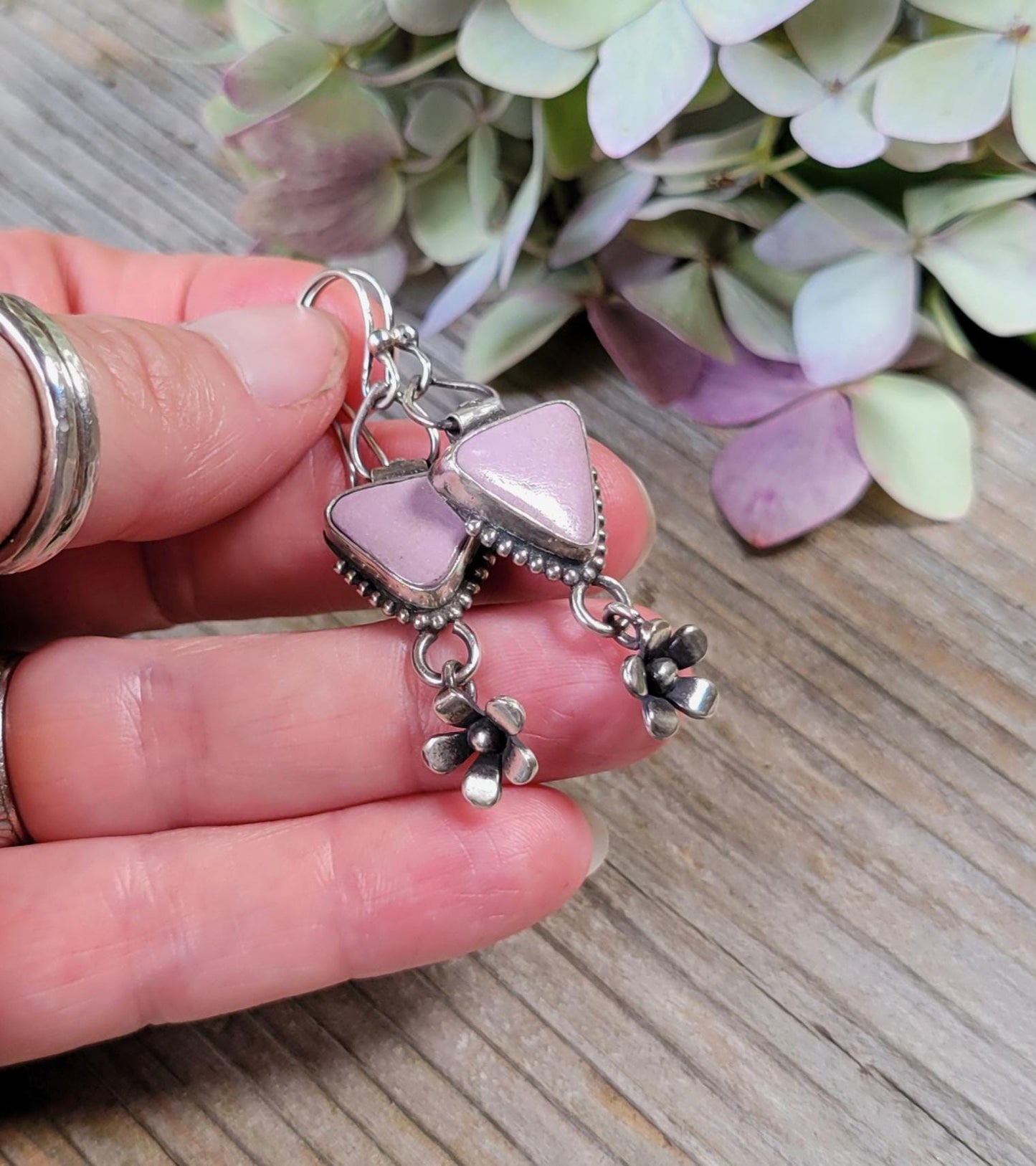Sterling Silver Dangle Earrings - handmade, natural pink stone, artisan crafted, hinge swing earwires, beautiful gift