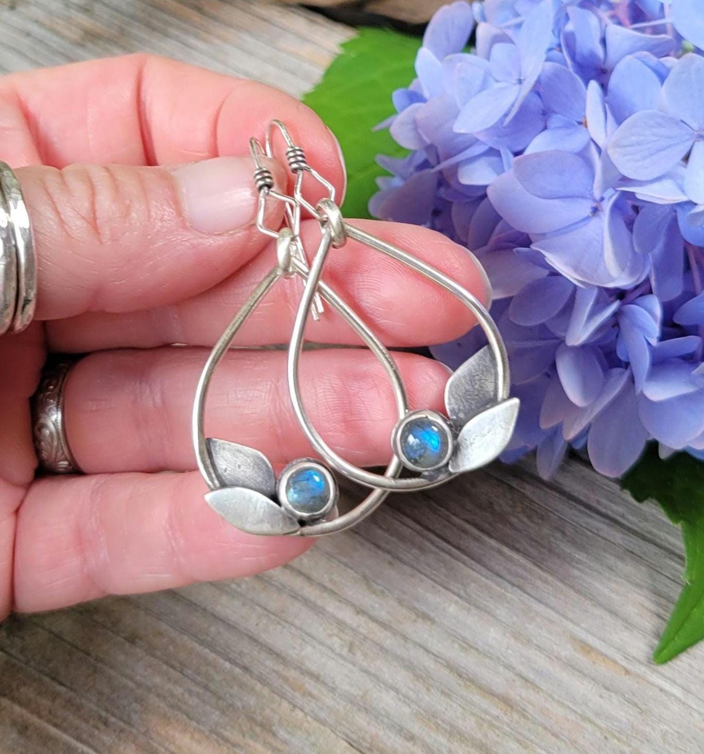 Labradorite Sterling Silver Leaf Earrings - handmade, hand crafted, teardrop, leaf, leaves, natural gemstone, lightweight, beautiful gift