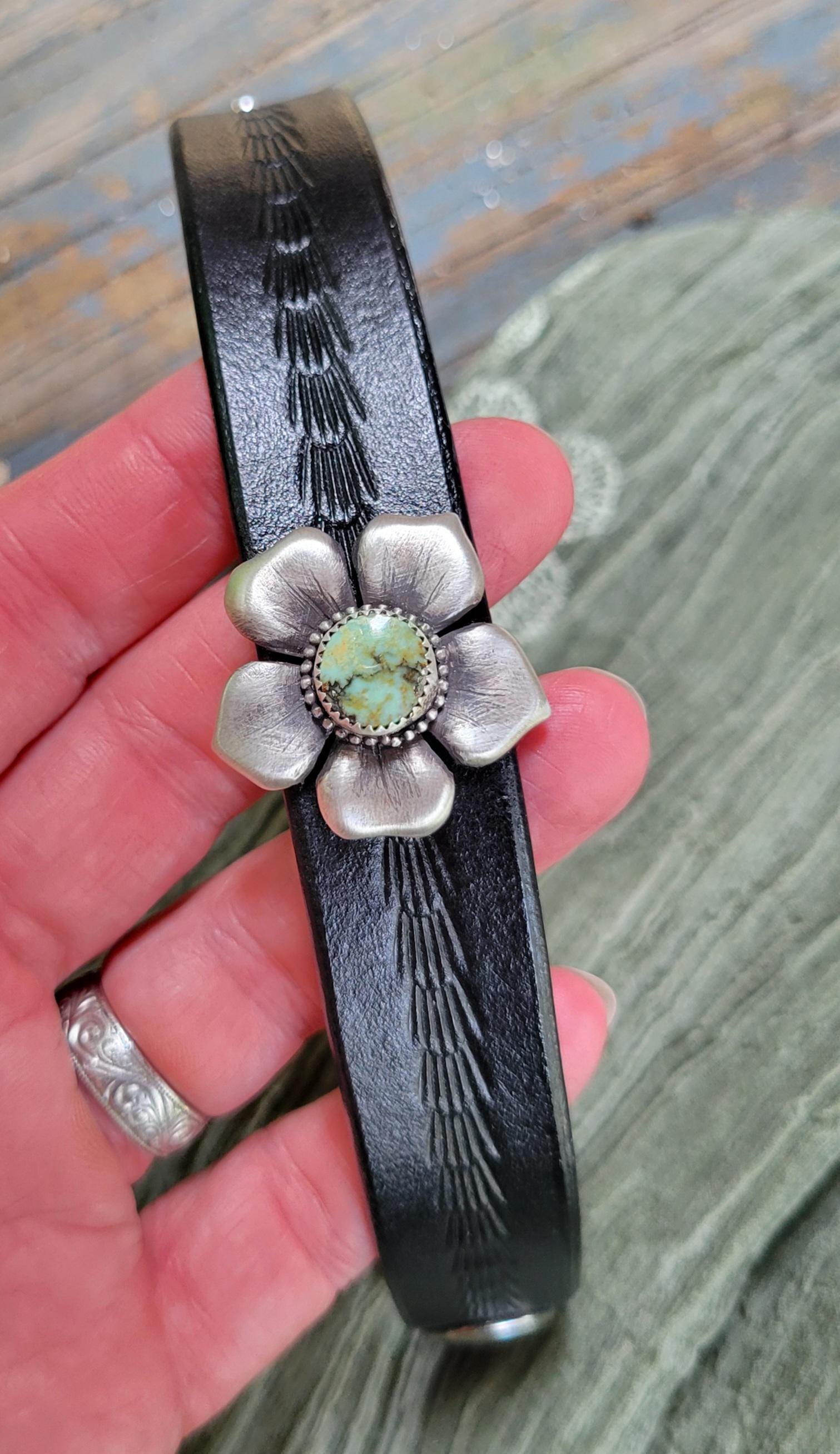 Natural Pilot Mountain Turquoise Leather Bracelet - handmade sterling silver, tooled black leather, blue, green, cuff, snap closure, gift