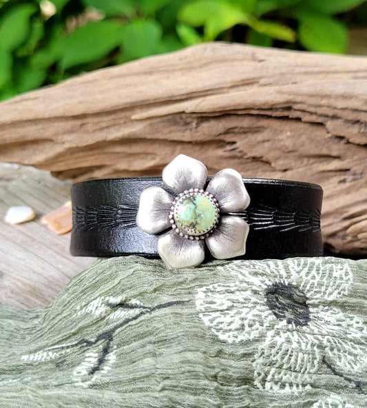 Natural Pilot Mountain Turquoise Leather Bracelet - handmade sterling silver, tooled black leather, blue, green, cuff, snap closure, gift
