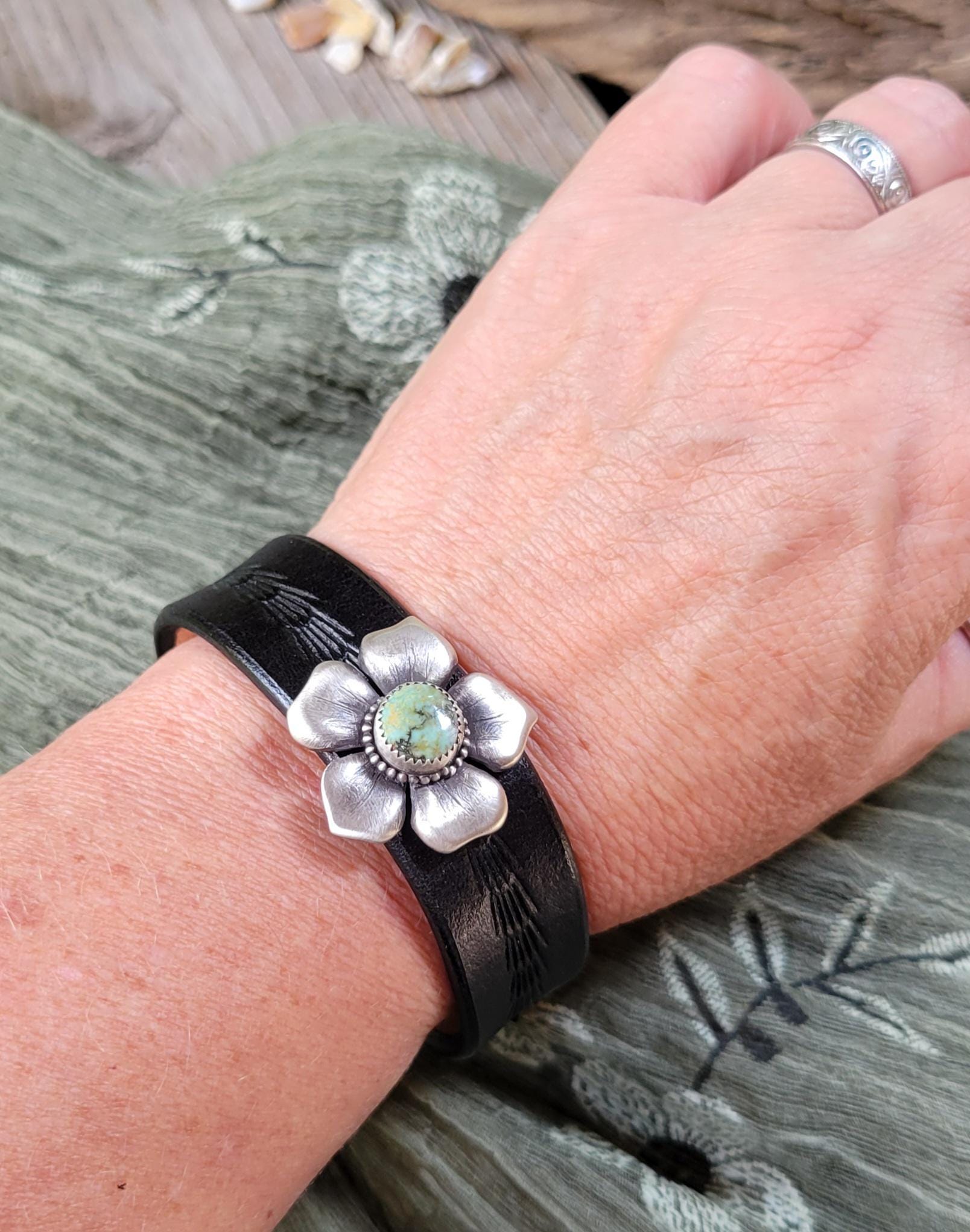 Natural Pilot Mountain Turquoise Leather Bracelet - handmade sterling silver, tooled black leather, blue, green, cuff, snap closure, gift