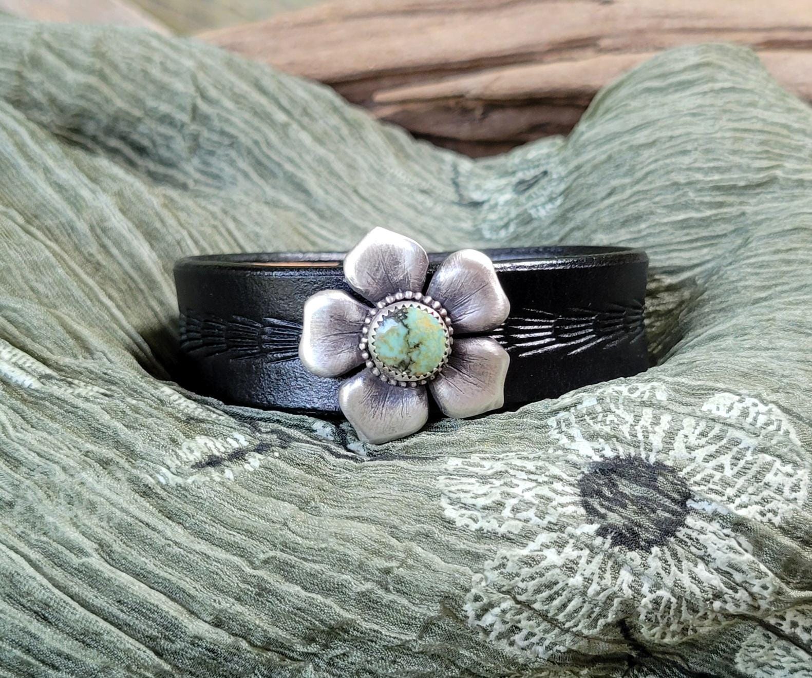 Natural Pilot Mountain Turquoise Leather Bracelet - handmade sterling silver, tooled black leather, blue, green, cuff, snap closure, gift