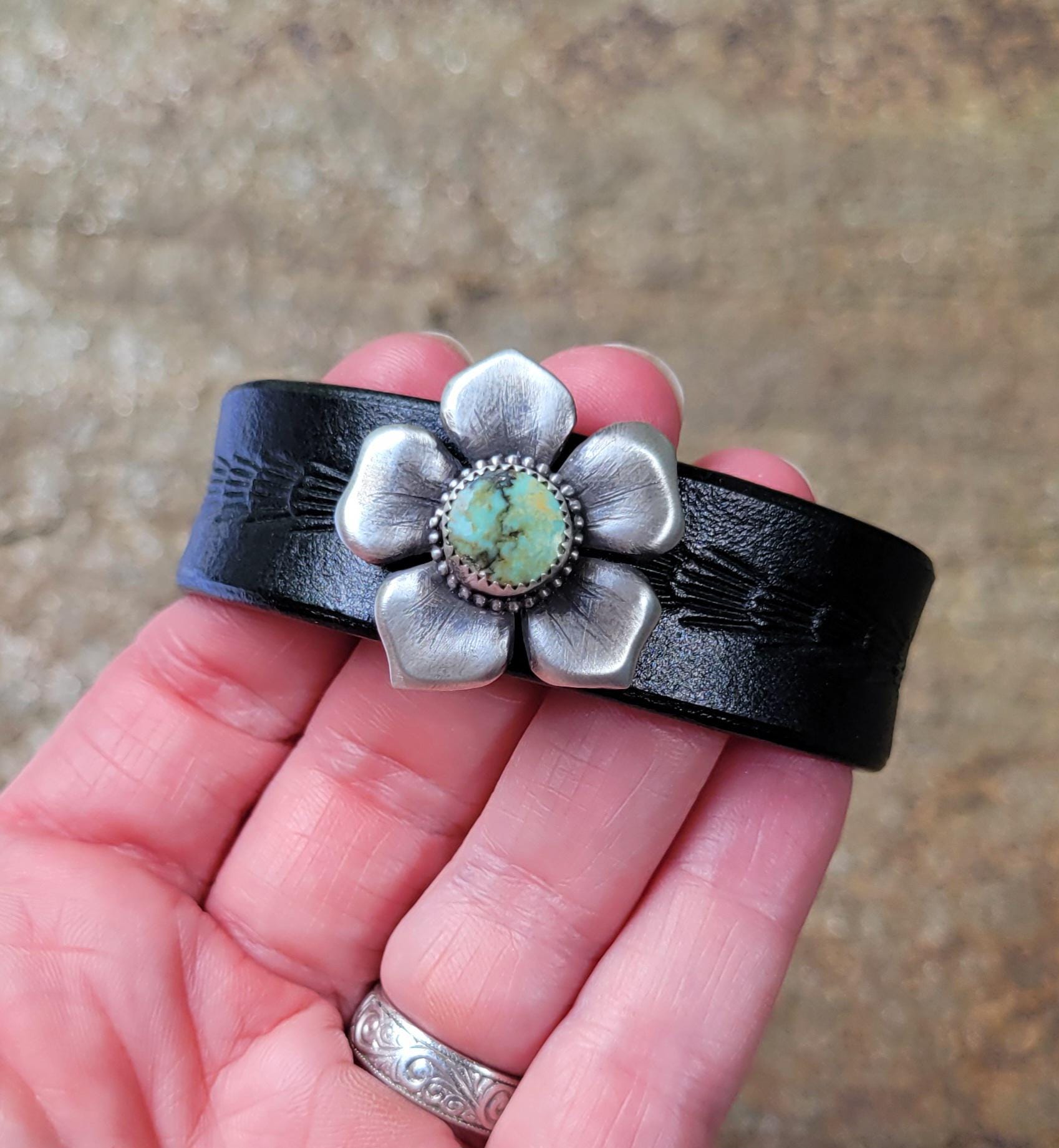 Natural Pilot Mountain Turquoise Leather Bracelet - handmade sterling silver, tooled black leather, blue, green, cuff, snap closure, gift