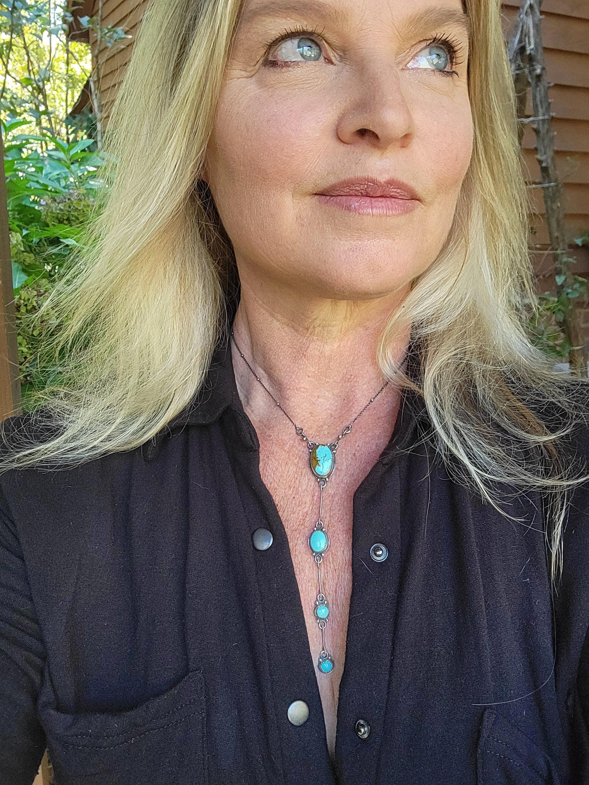 Royston Turquoise Lariat Necklace - handmade, sterling silver, natural blue stone, Southwestern, Native American inspired, beautiful gift