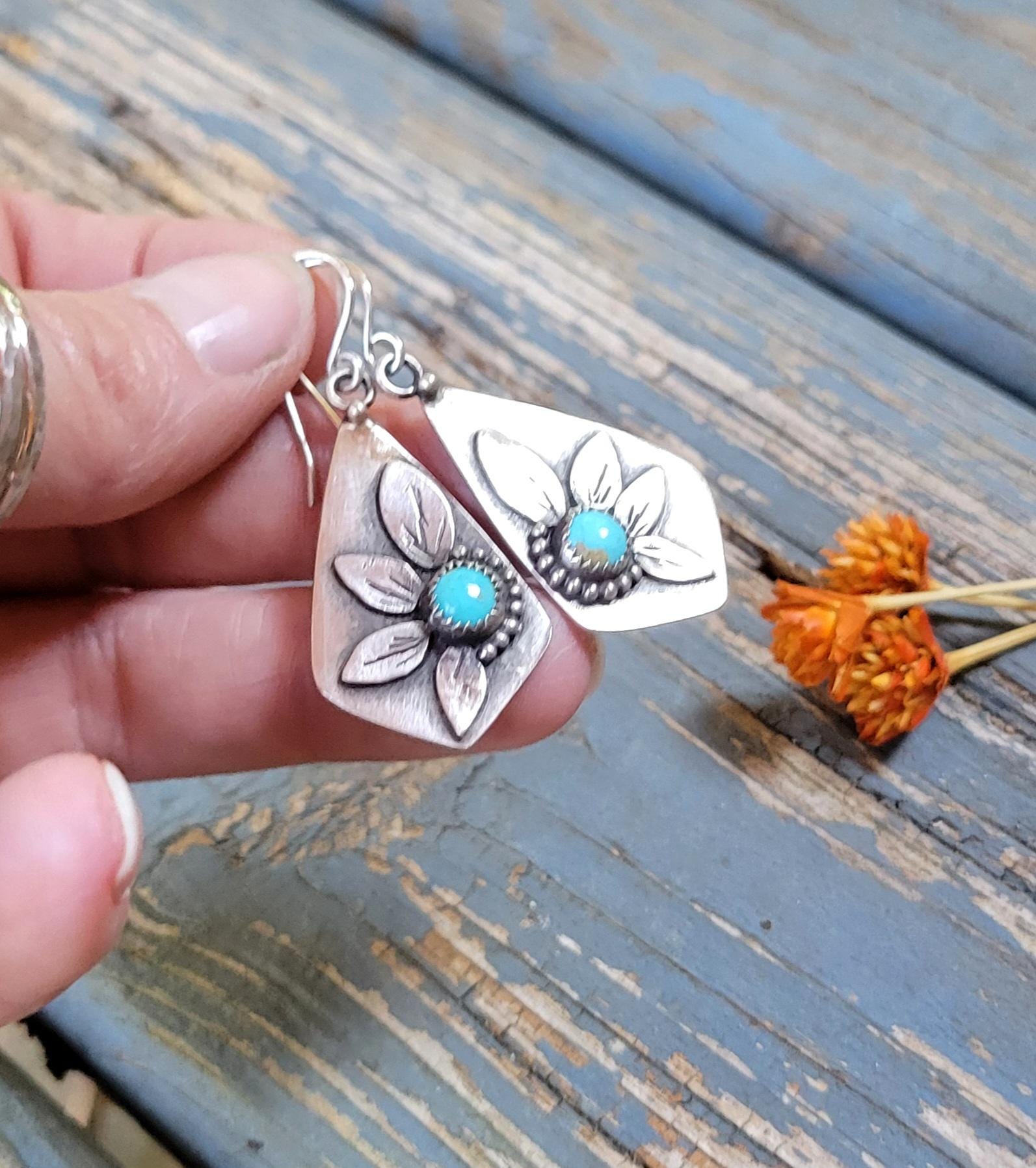 Silver & Turquoise Sunflower Earrings - sterling silver, handmade, natural Kingman stones, kite, botanical, flower, lightweight dangles