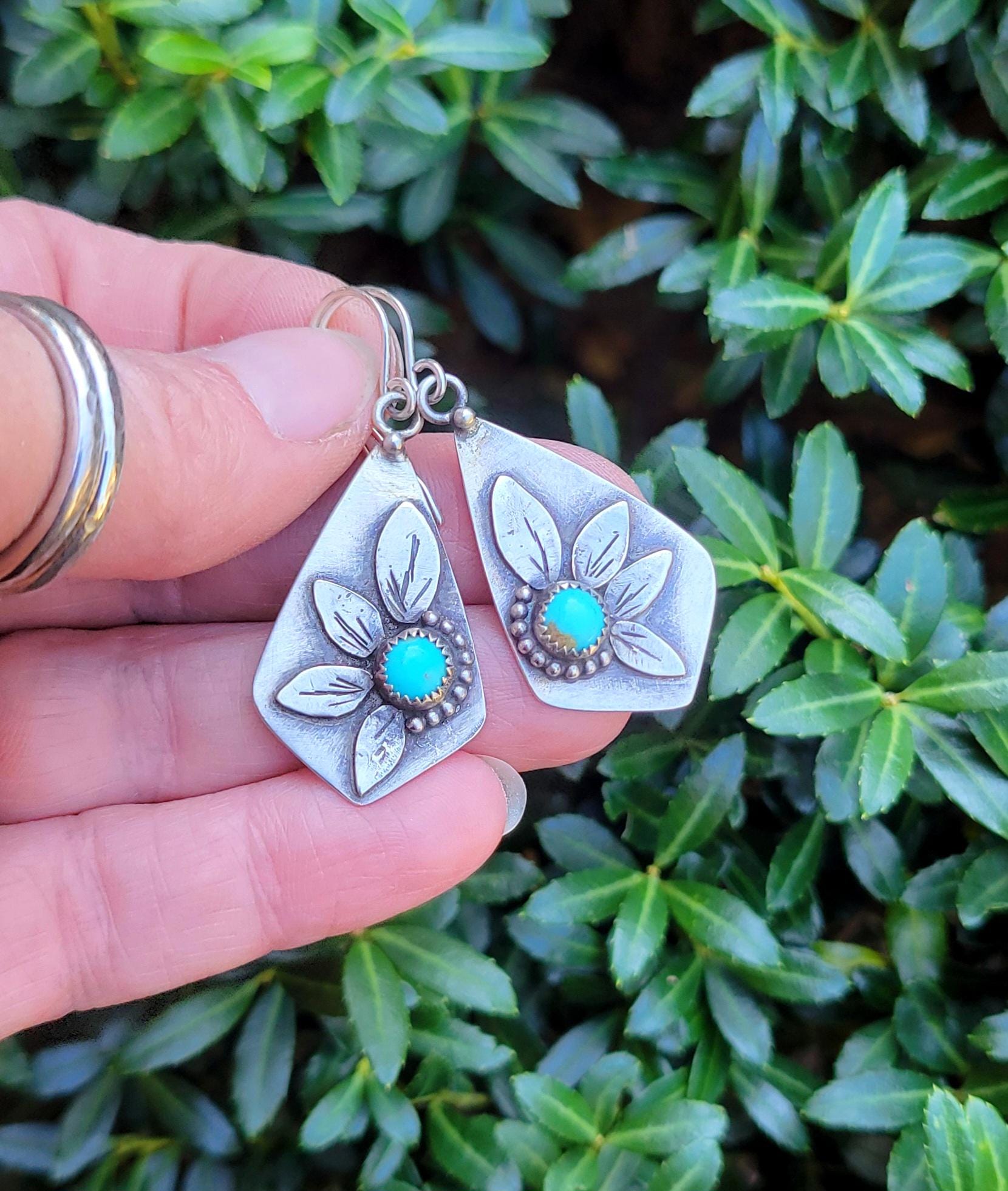 Silver & Turquoise Sunflower Earrings - sterling silver, handmade, natural Kingman stones, kite, botanical, flower, lightweight dangles