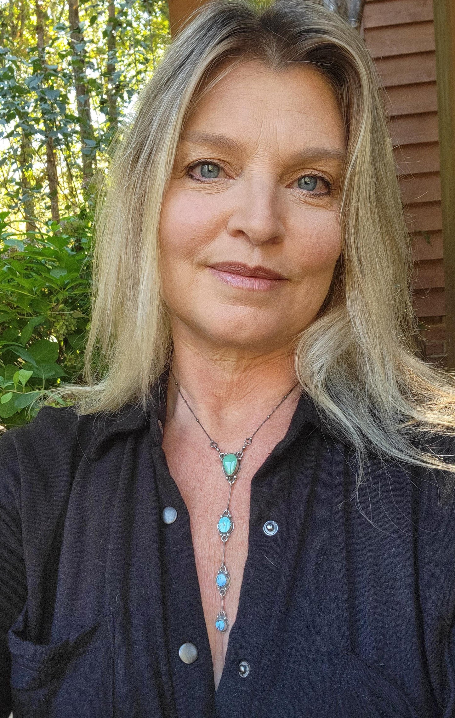 Turquoise Silver Lariat Necklace - handmade, sterling silver, natural green blue mix, Southwestern, Native American inspired, beautiful gift