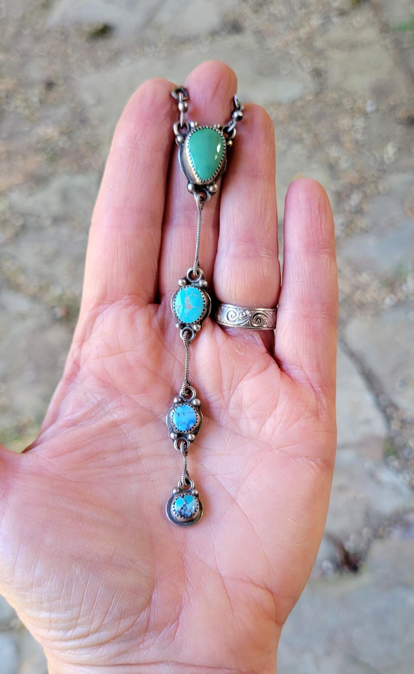 Turquoise Silver Lariat Necklace - handmade, sterling silver, natural green blue mix, Southwestern, Native American inspired, beautiful gift