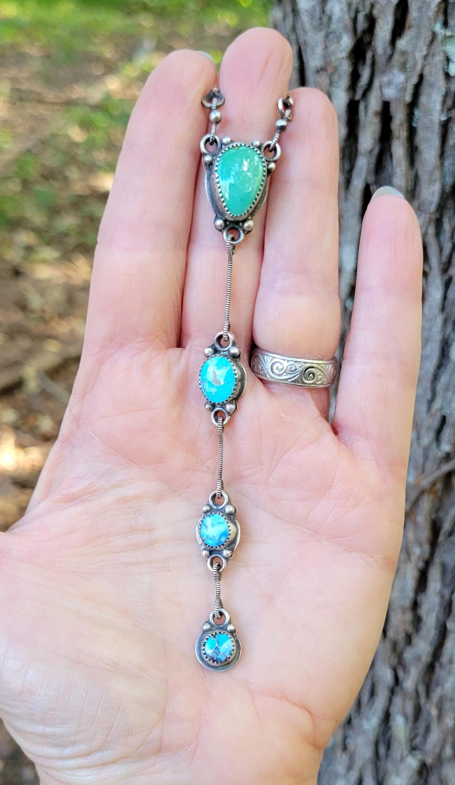 Turquoise Silver Lariat Necklace - handmade, sterling silver, natural green blue mix, Southwestern, Native American inspired, beautiful gift