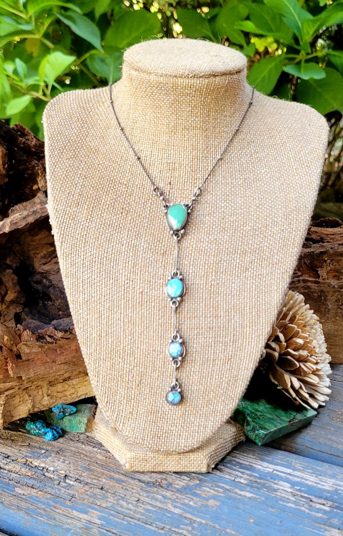 Turquoise Silver Lariat Necklace - handmade, sterling silver, natural green blue mix, Southwestern, Native American inspired, beautiful gift