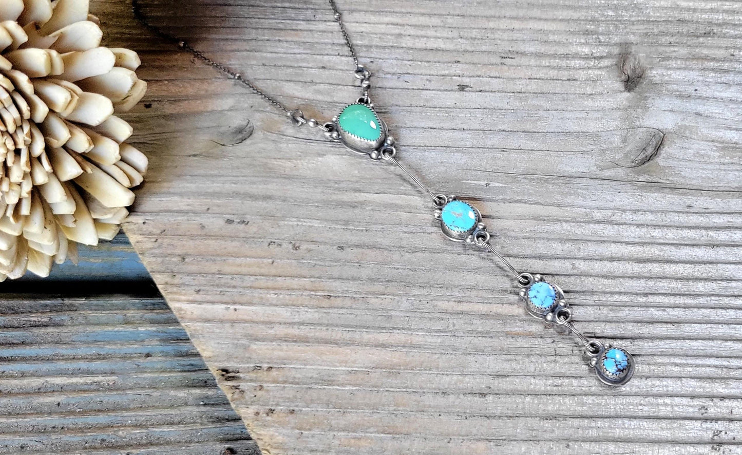Turquoise Silver Lariat Necklace - handmade, sterling silver, natural green blue mix, Southwestern, Native American inspired, beautiful gift