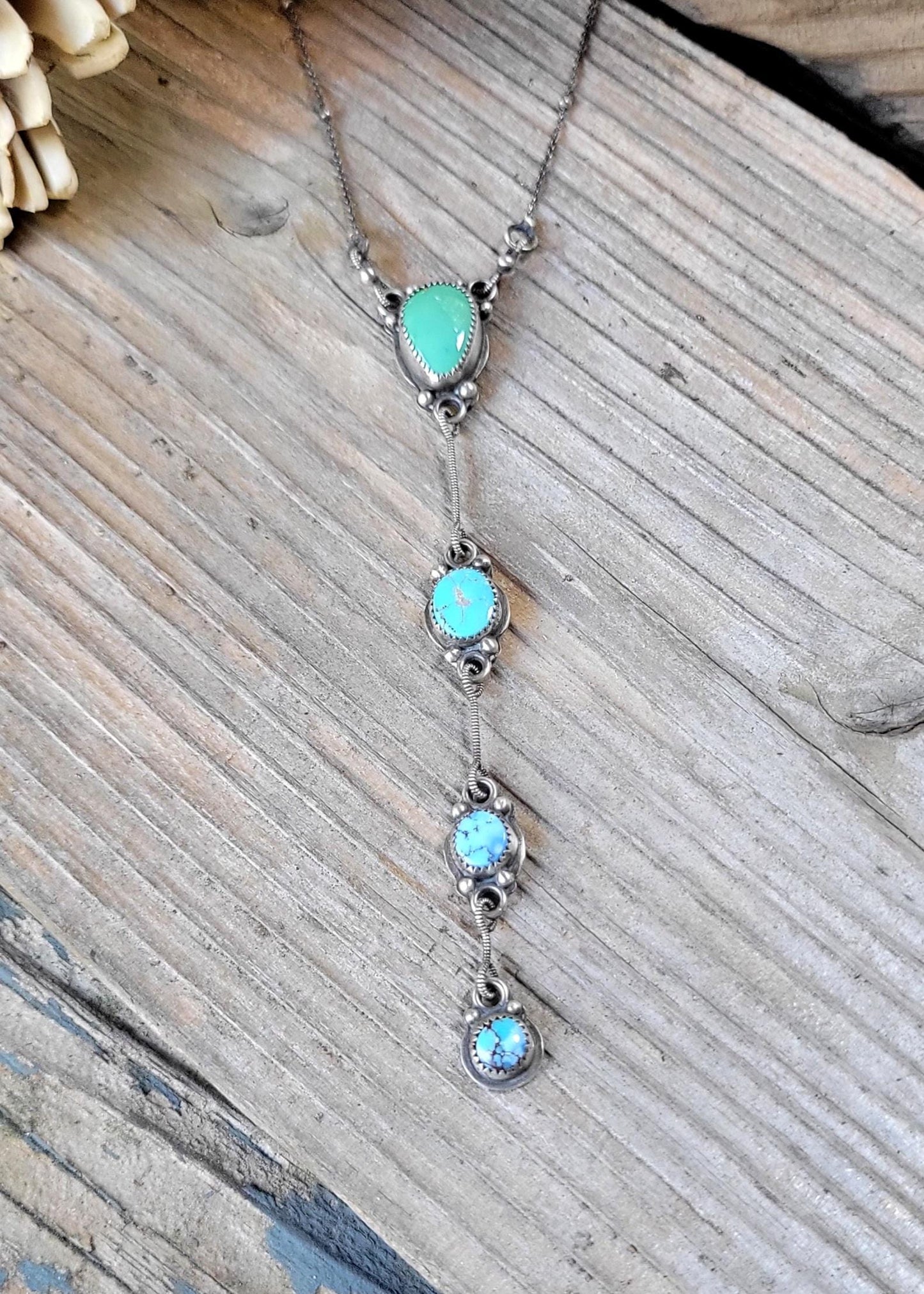 Turquoise Silver Lariat Necklace - handmade, sterling silver, natural green blue mix, Southwestern, Native American inspired, beautiful gift