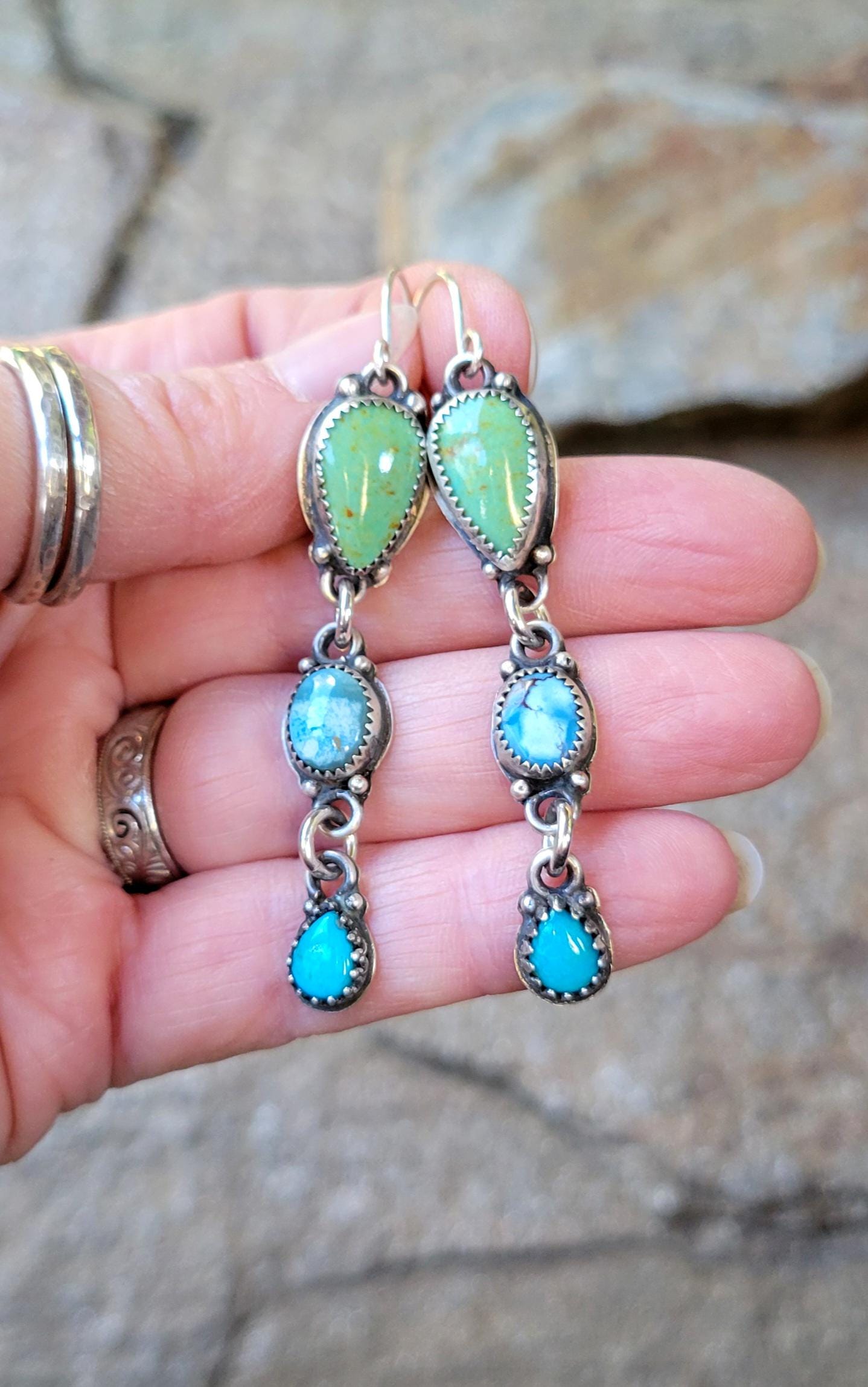 Multi-stone Turquoise Dangle Earrings - handmade, sterling silver, natural sonoran, lavender, kingman, southwestern inspired, beautiful gift
