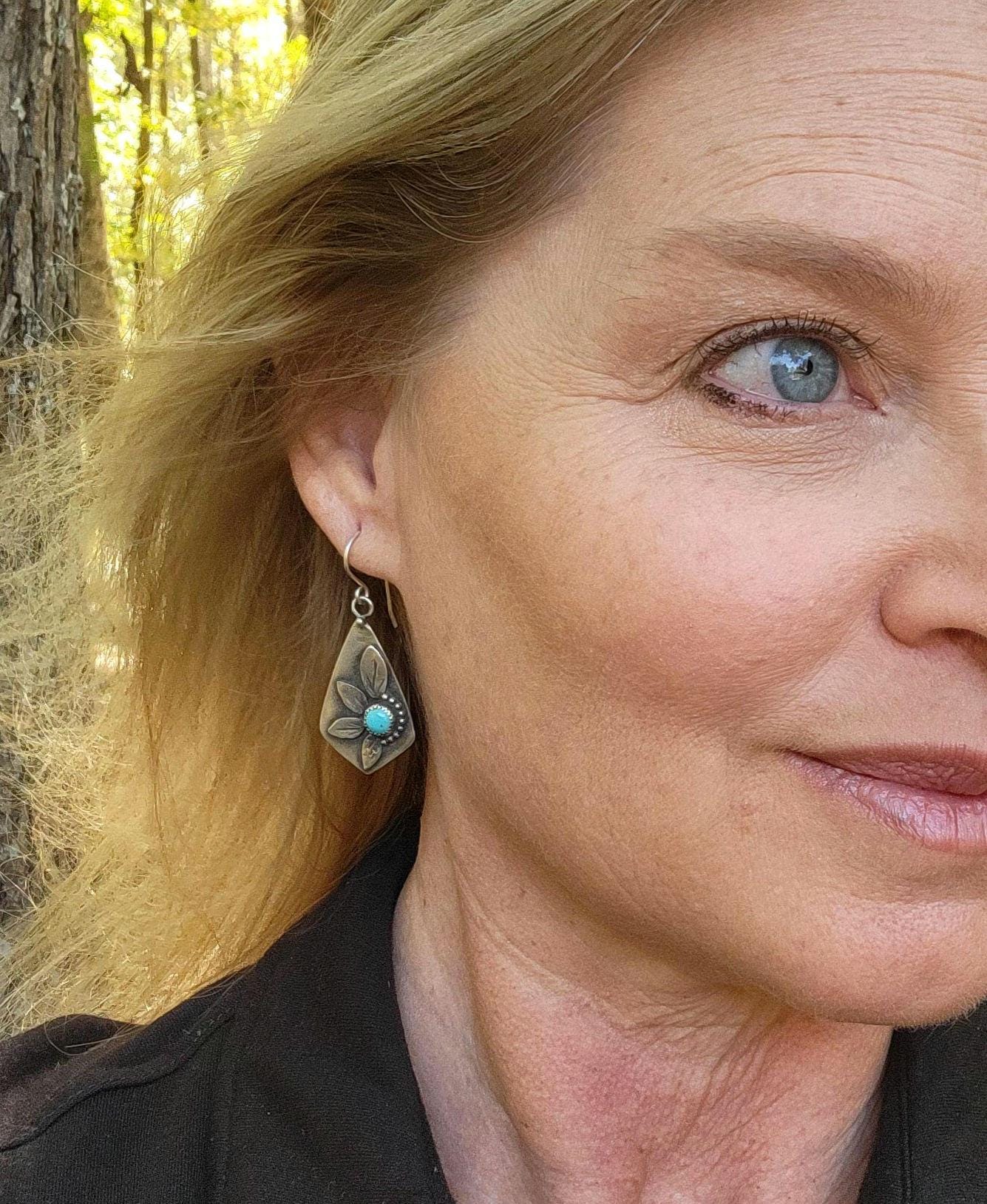 Silver & Turquoise Sunflower Earrings - sterling silver, handmade, natural Kingman stones, kite, botanical, flower, lightweight dangles