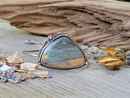 Jasper Cuff - Natural stone, blue, grey, sterling silver cuff, handmade, bracelet, landscape, southwestern, feather, sun