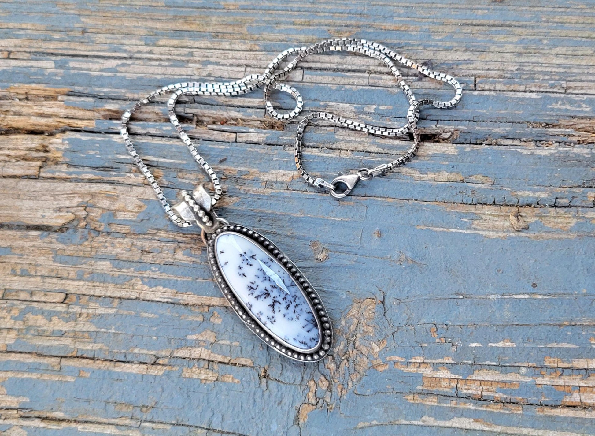 Dendritic Agate Sterling Silver Pendant Necklace - handmade, scenic stone, snow, winter, gray, white, modern but classic, beautiful gift