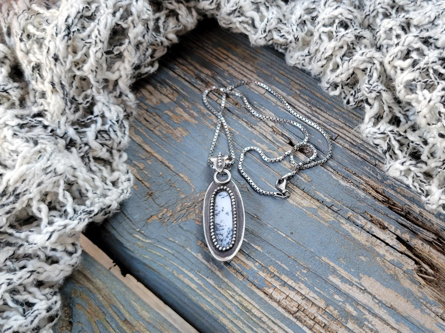 Dendritic Agate Sterling Silver Pendant Necklace - handmade, scenic stone, snow, winter, gray, white, modern but classic, beautiful gift